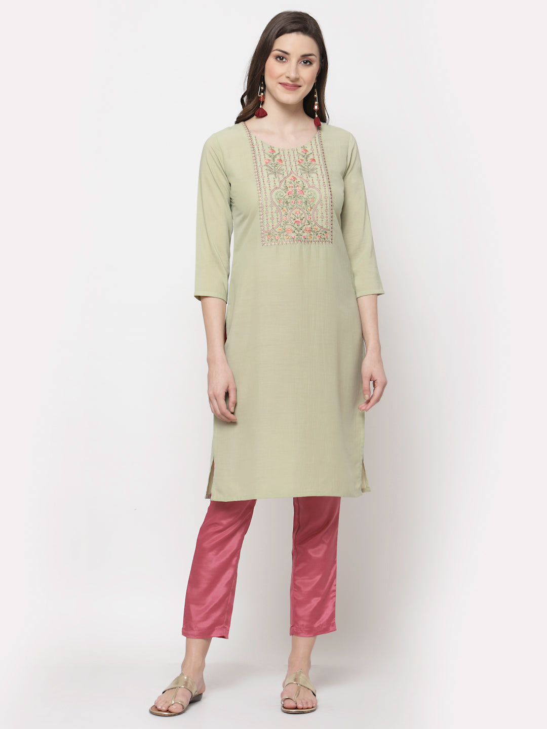 Women's Trendy Style  Green pure cotton Embroidered 3/4 Sleeve Round neck Kurta Pant Dupatta (3Pieces) set - Myshka