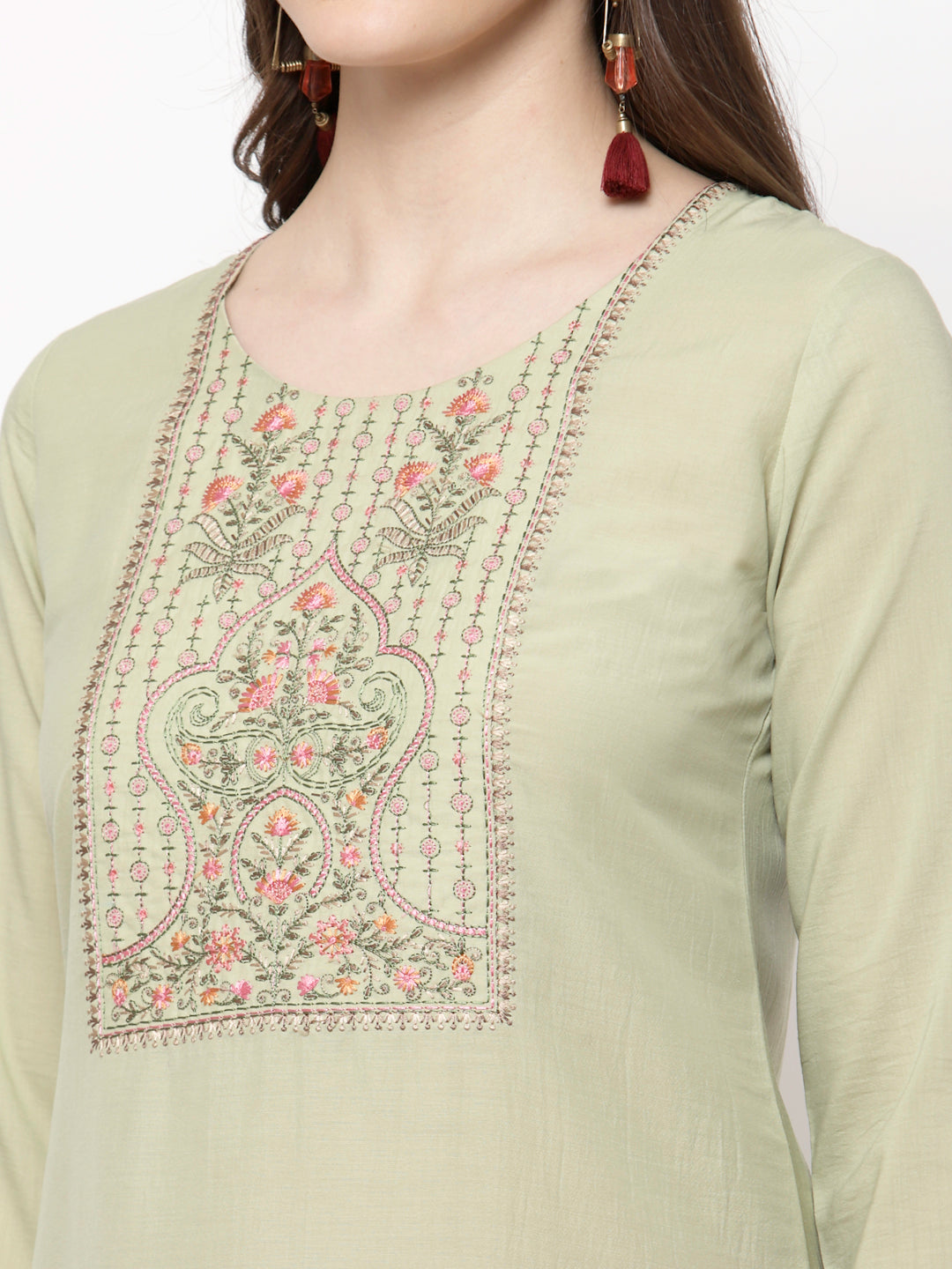 Women's Trendy Style  Green pure cotton Embroidered 3/4 Sleeve Round neck Kurta Pant Dupatta (3Pieces) set - Myshka