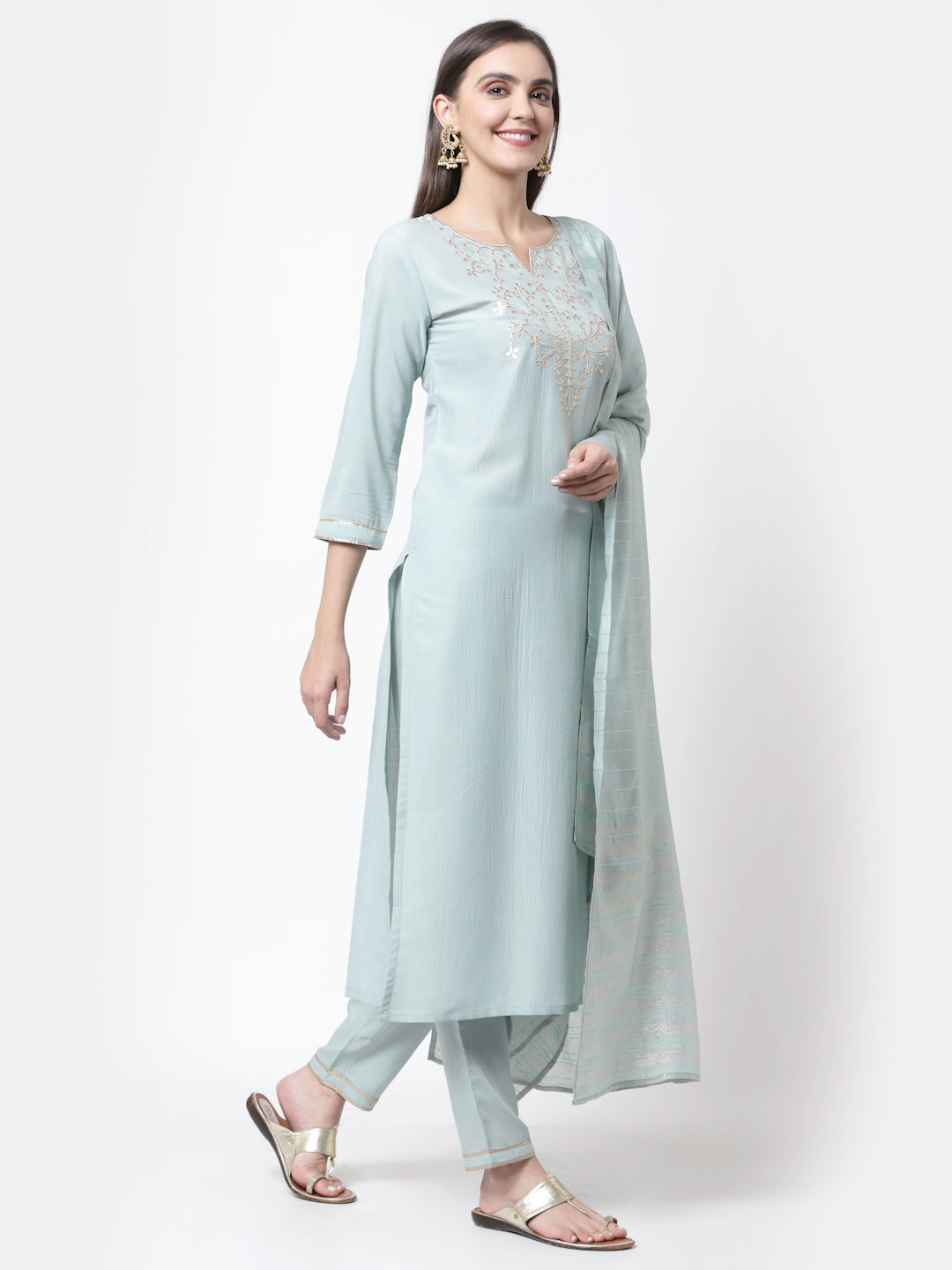 Women Light Blue Silk Blend Suit Set by Myshka (3 Pc Set)