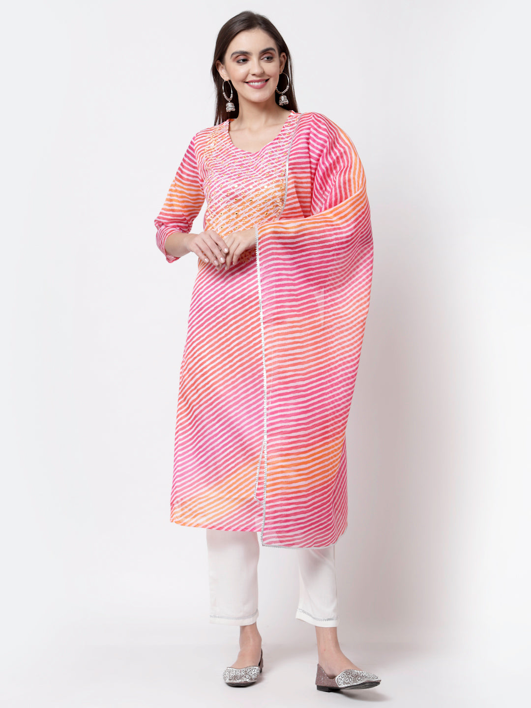 Women's Pink Cotton Printed Kurta with Pant and Dupatta by Myshka (3Pcs Set)