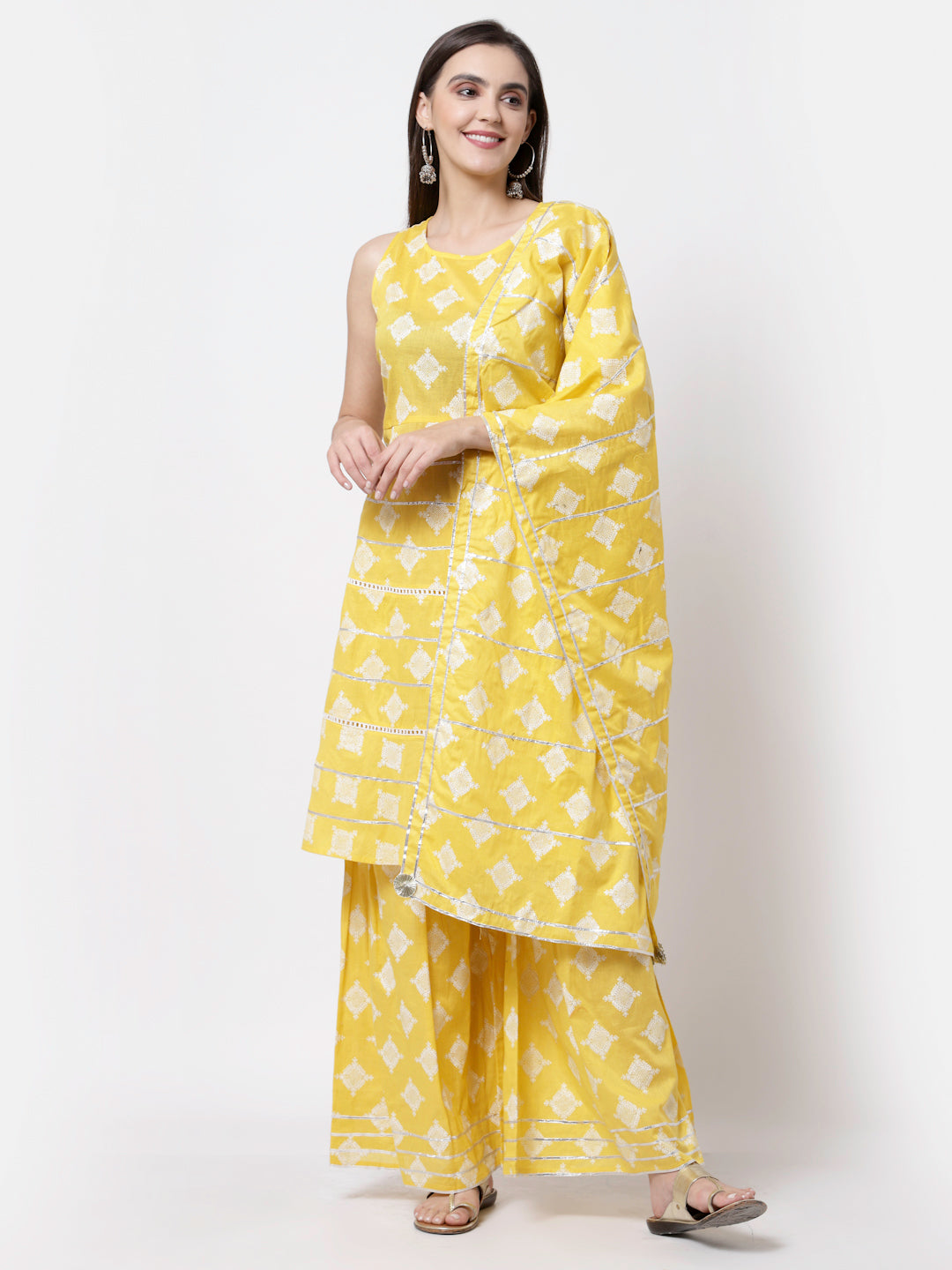 Women Yellow Cotton Printed Kurta Palazzo & Dupatta Set by Myshka (3 Pc Set)