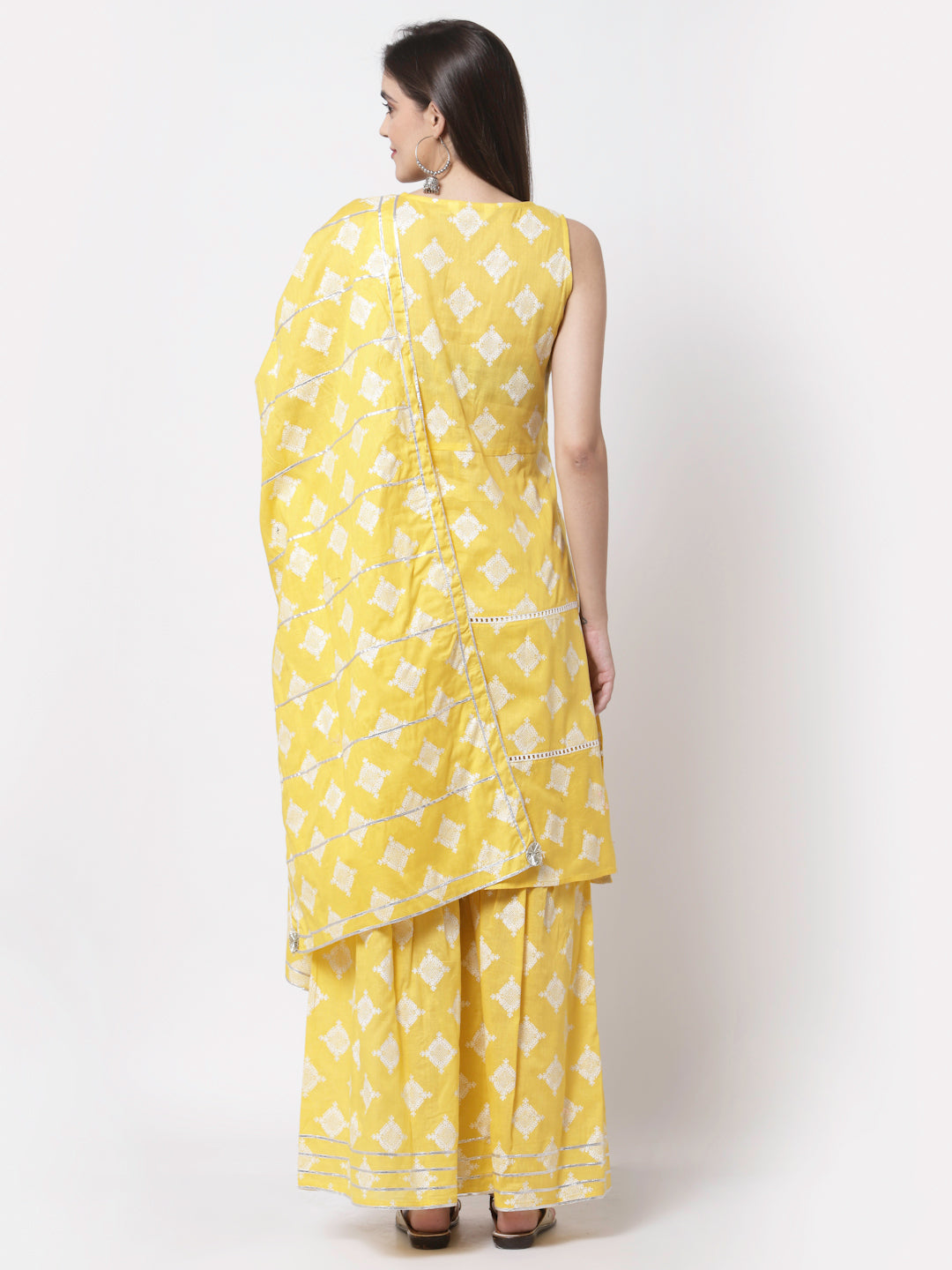 Women Yellow Cotton Printed Kurta Palazzo & Dupatta Set by Myshka (3 Pc Set)