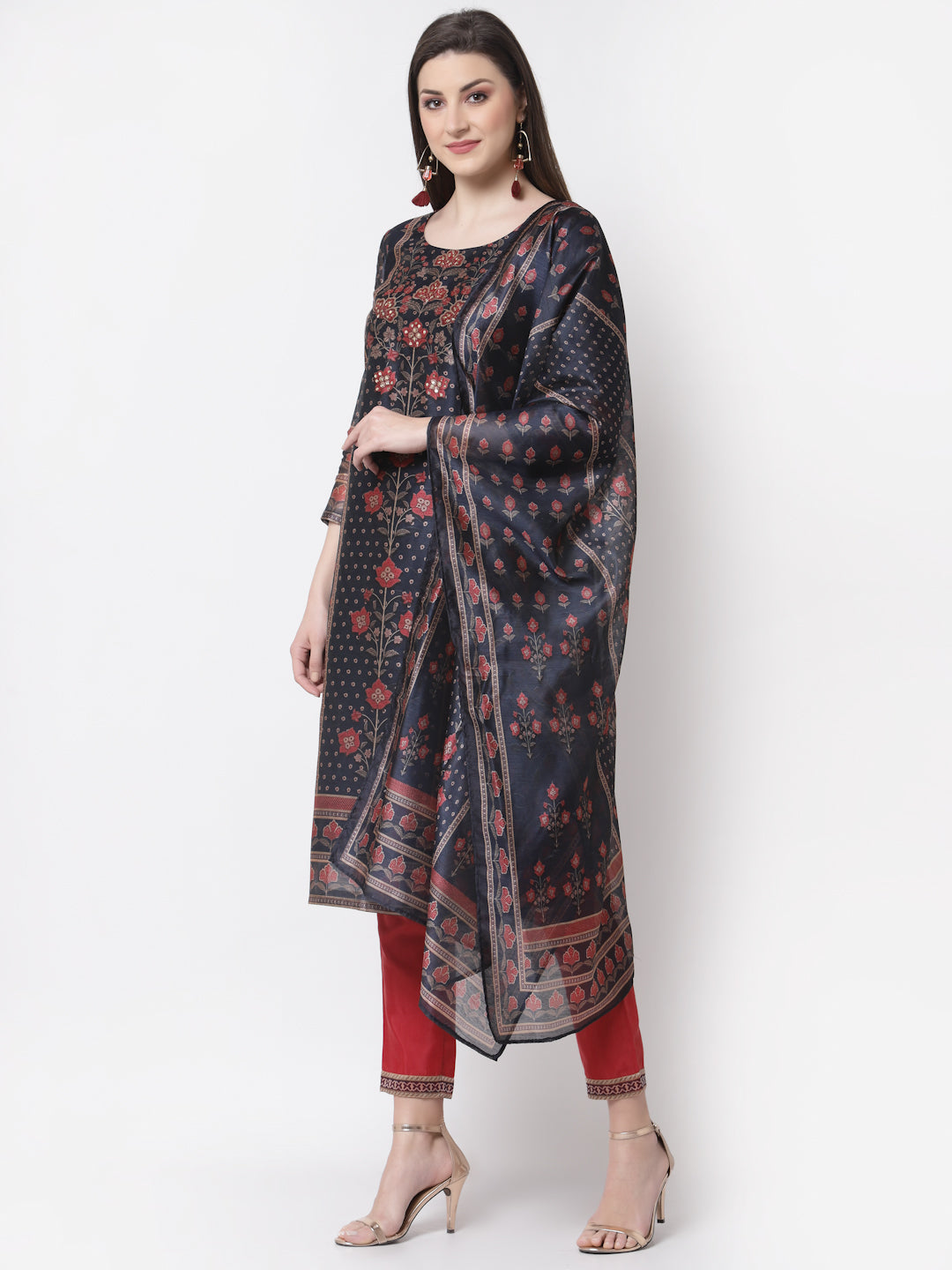Women's Stylish Chanderi silk Round Neck 3/4 Sleeve Printed Kurta Pant Dupatta Set  - Myshka