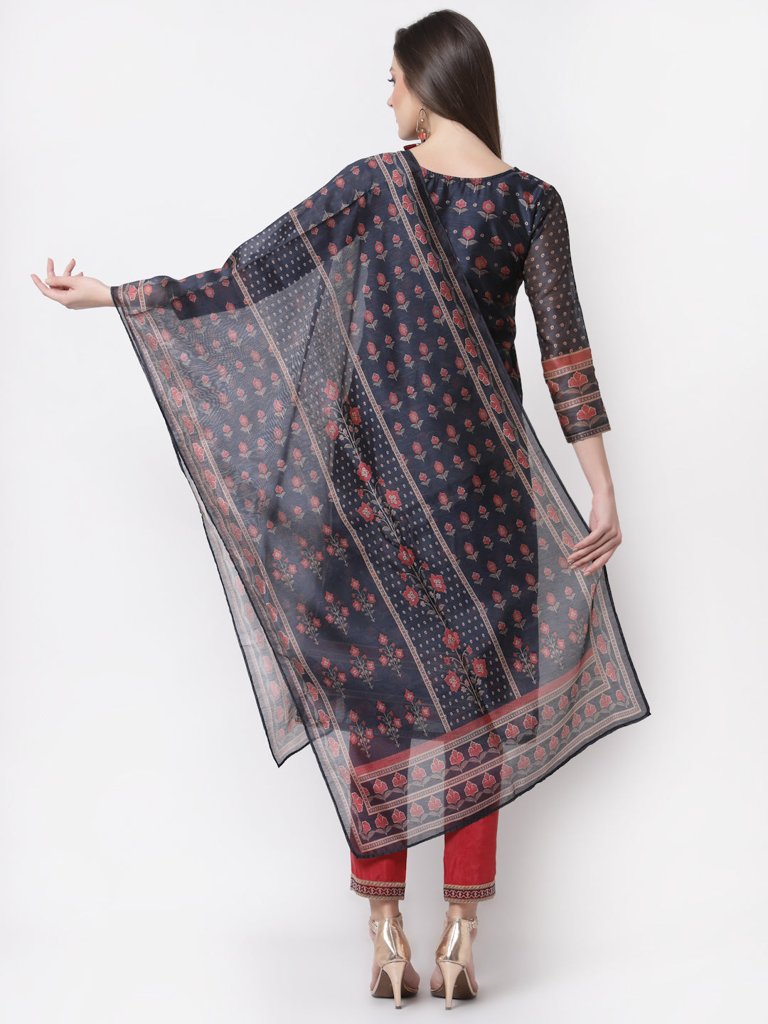 Women's Stylish Chanderi silk Round Neck 3/4 Sleeve Printed Kurta Pant Dupatta Set  - Myshka