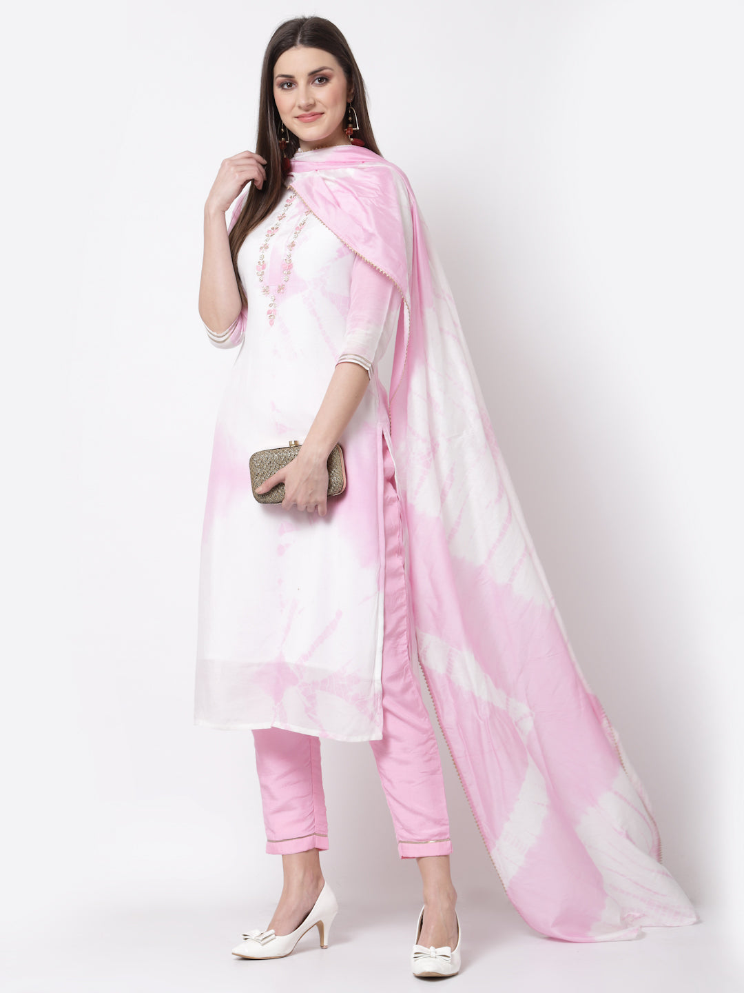 Women's Stylish Silk blend Round Neck 3/4 Sleeve Embroidered Kurta Pant Dupatta Set  - Myshka