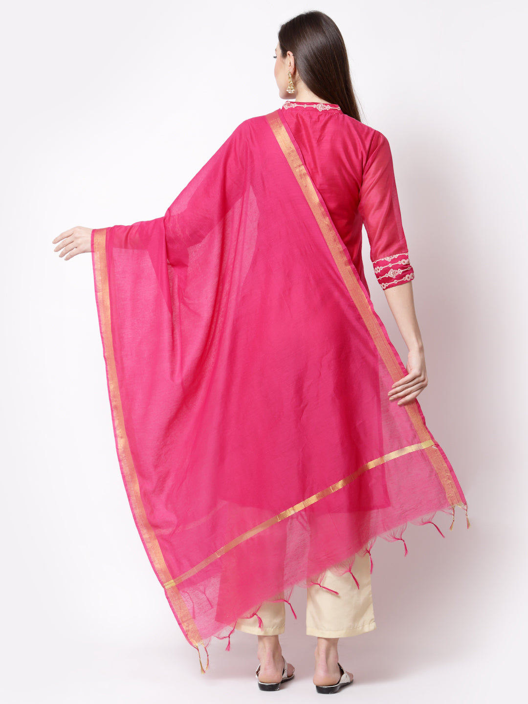Women's Stylish Chanderi silk Chinese Collared Neck 3/4 Sleeve Printed Kurta Pant Dupatta Set  - Myshka