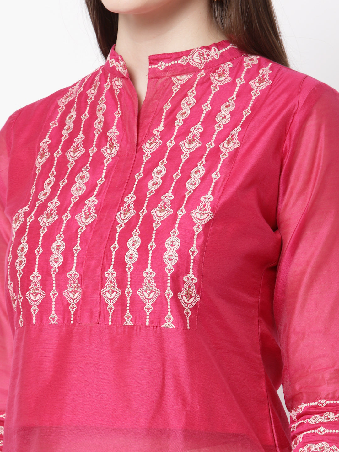 Women's Stylish Chanderi silk Chinese Collared Neck 3/4 Sleeve Printed Kurta Pant Dupatta Set  - Myshka