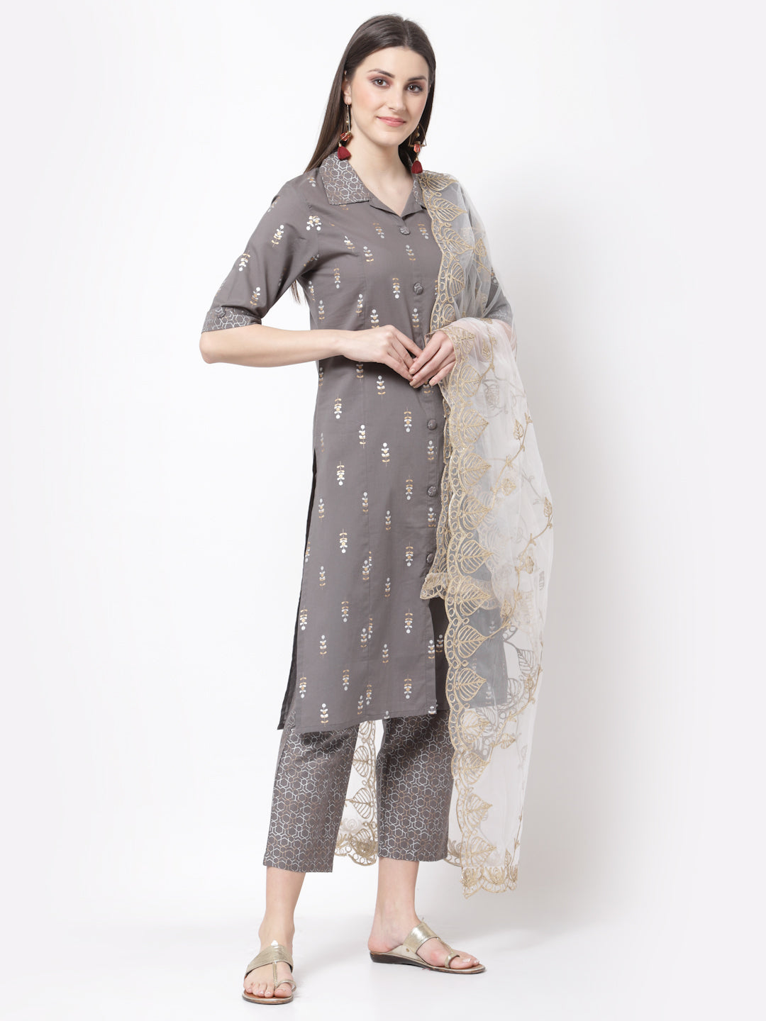 Women's Stylish cotton Collared Neck Half Sleeve Printed Kurta Palazzo Dupatta Set  - Myshka