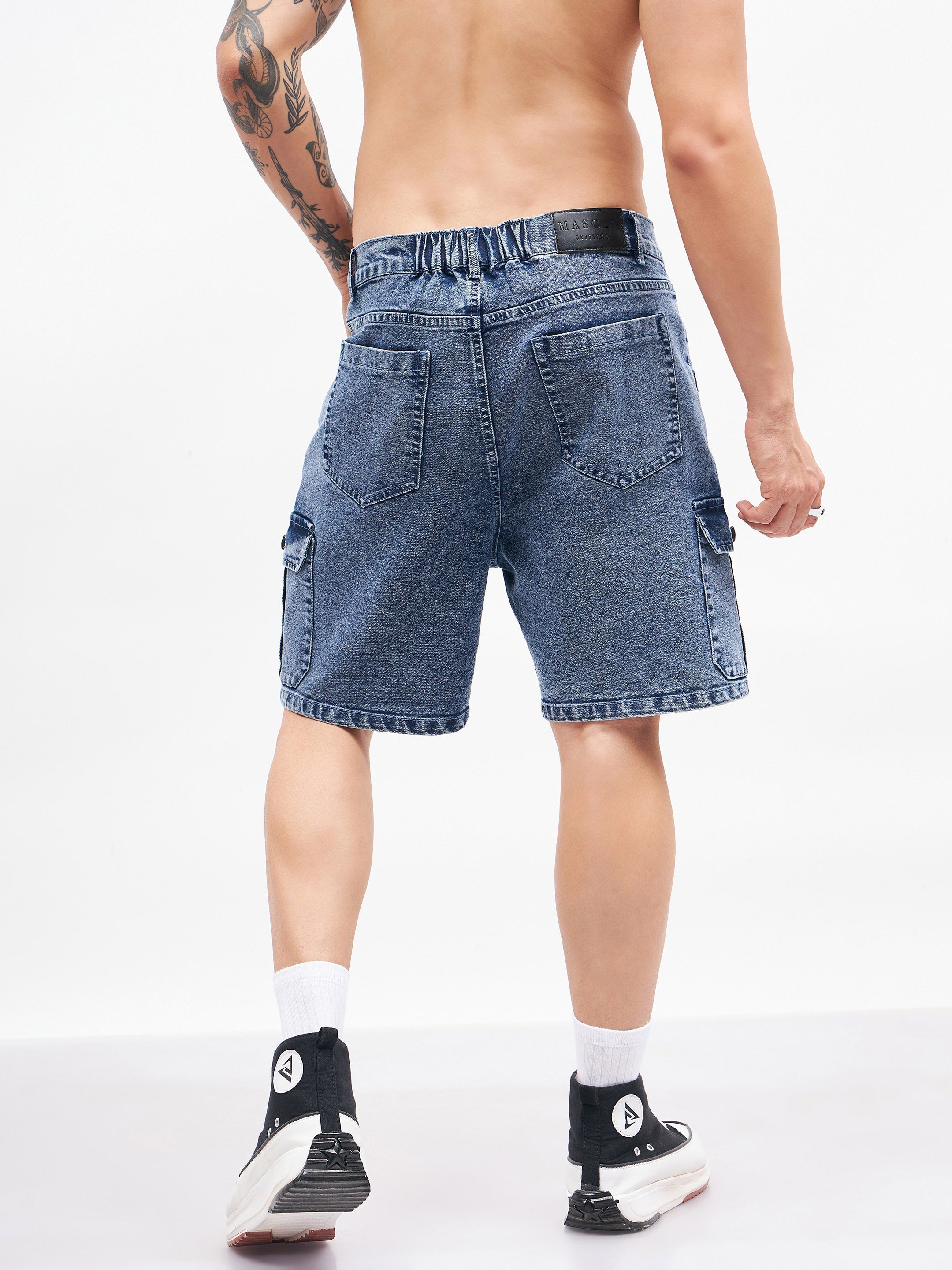 Men's Blue Utility Pocket Denim Shorts - MASCLN SASSAFRAS