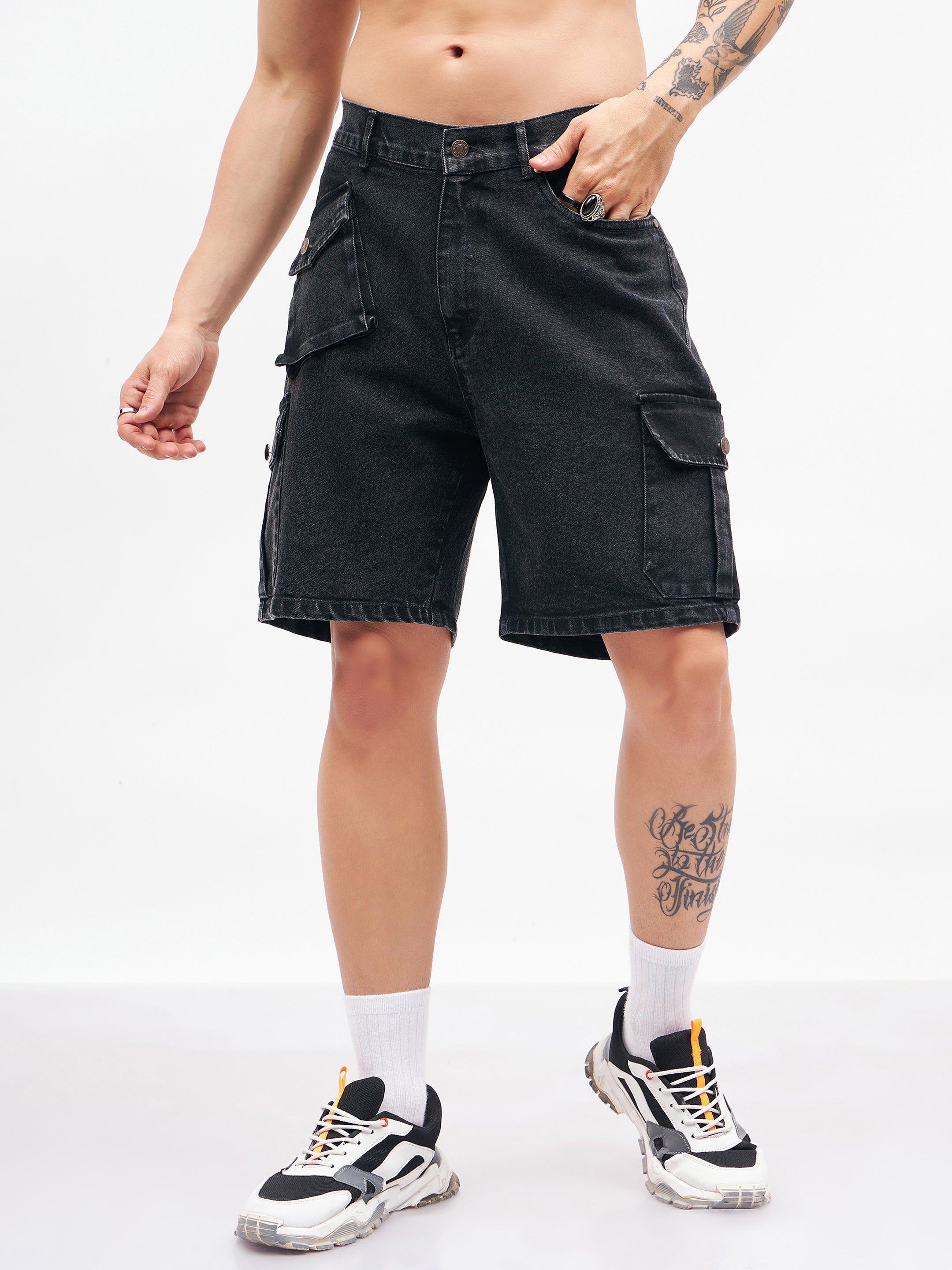 Men's Black Utility Pocket Denim Shorts - MASCLN SASSAFRAS