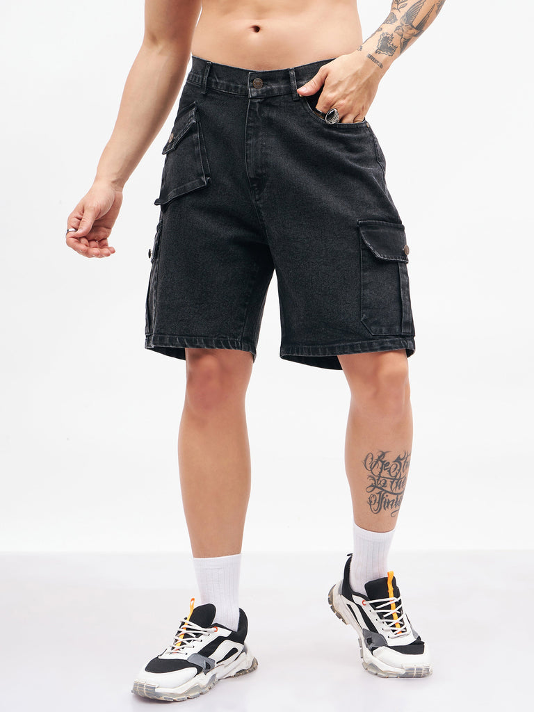Men's Black Utility Pocket Denim Shorts