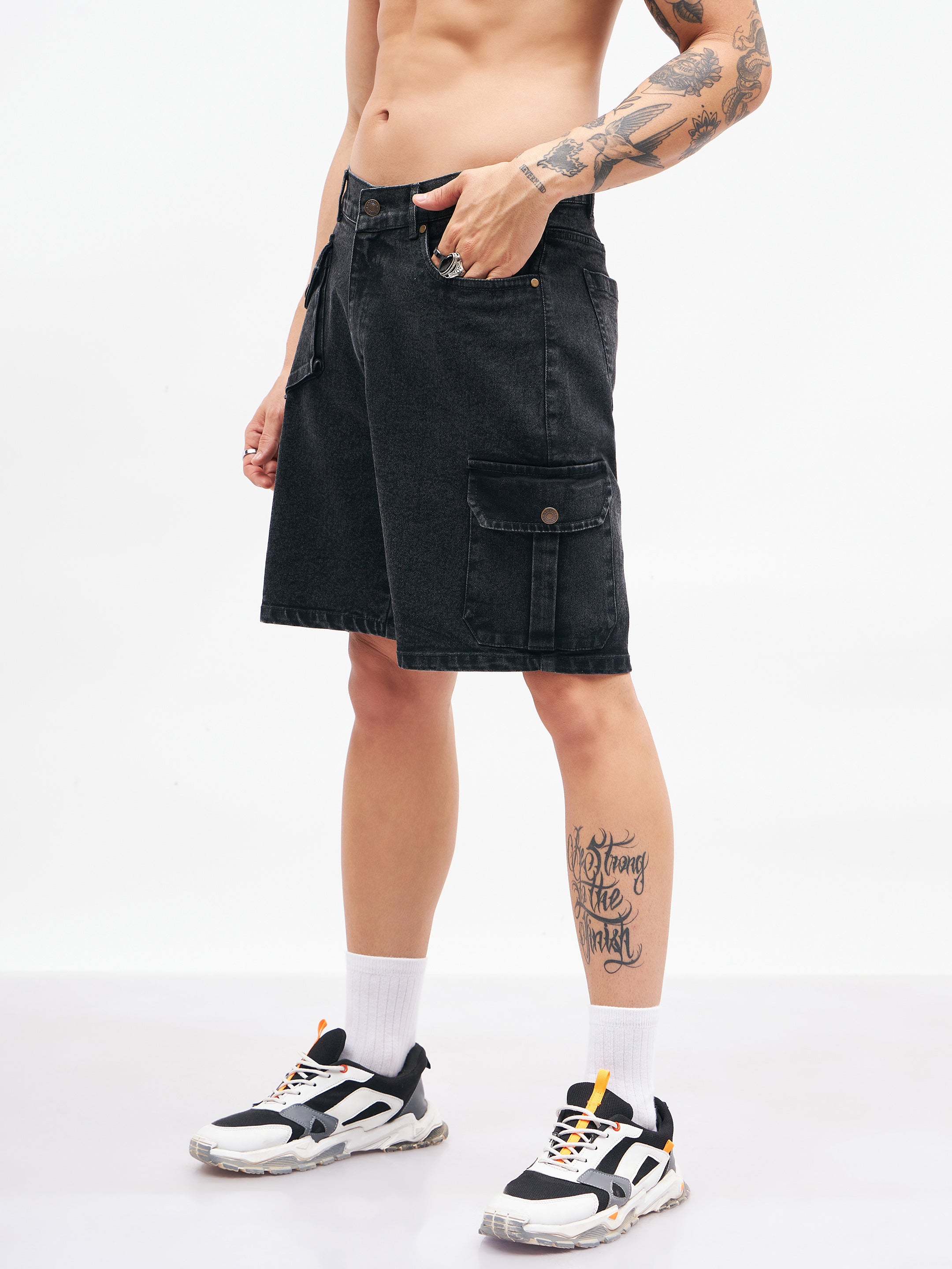 Men's Black Utility Pocket Denim Shorts - MASCLN SASSAFRAS