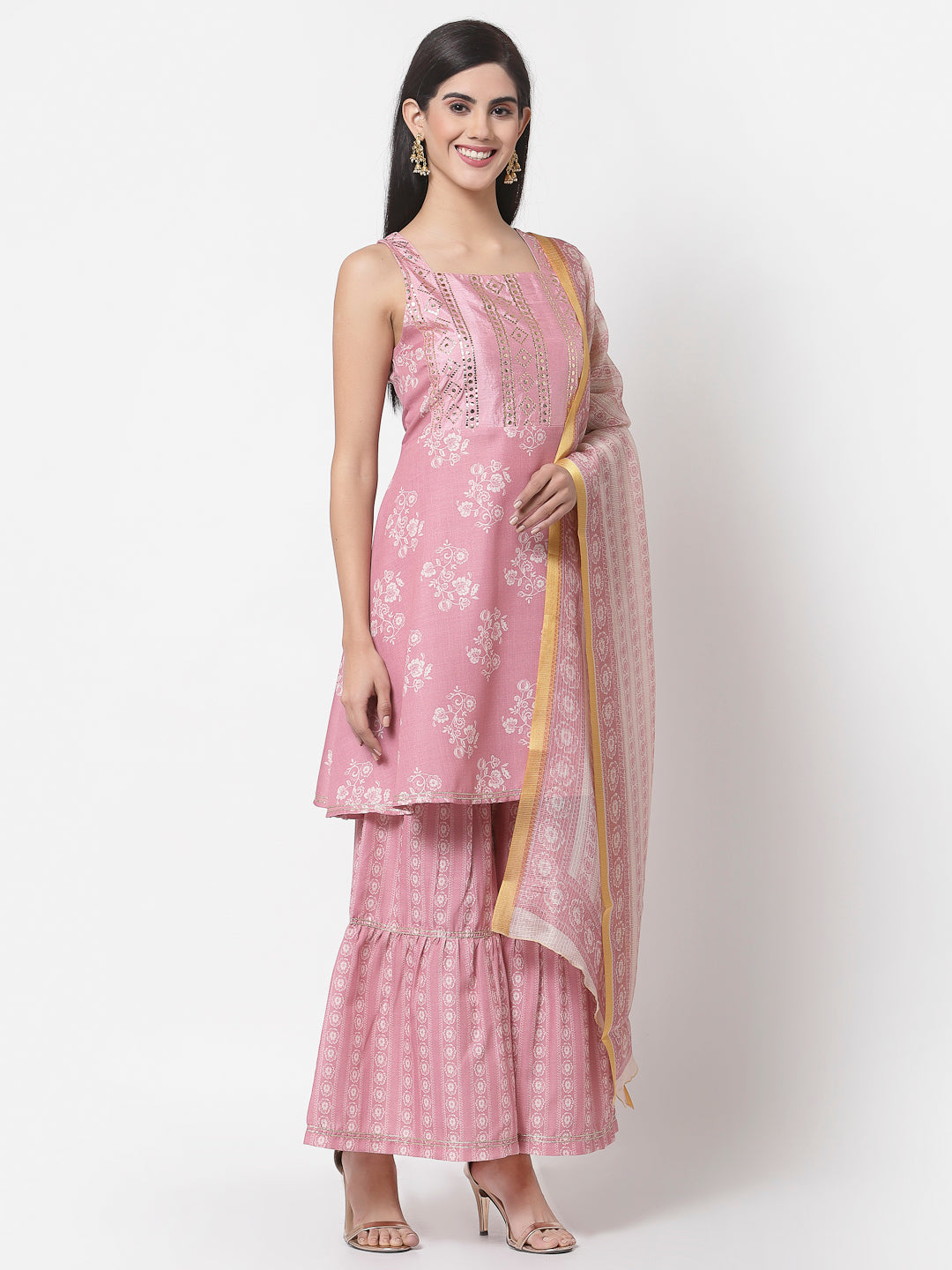 Women's Peach cotton blend Printed Sleeveless Shoulder Straps Kurta with Sharara & Dupatta (3Pieces) set - Myshka