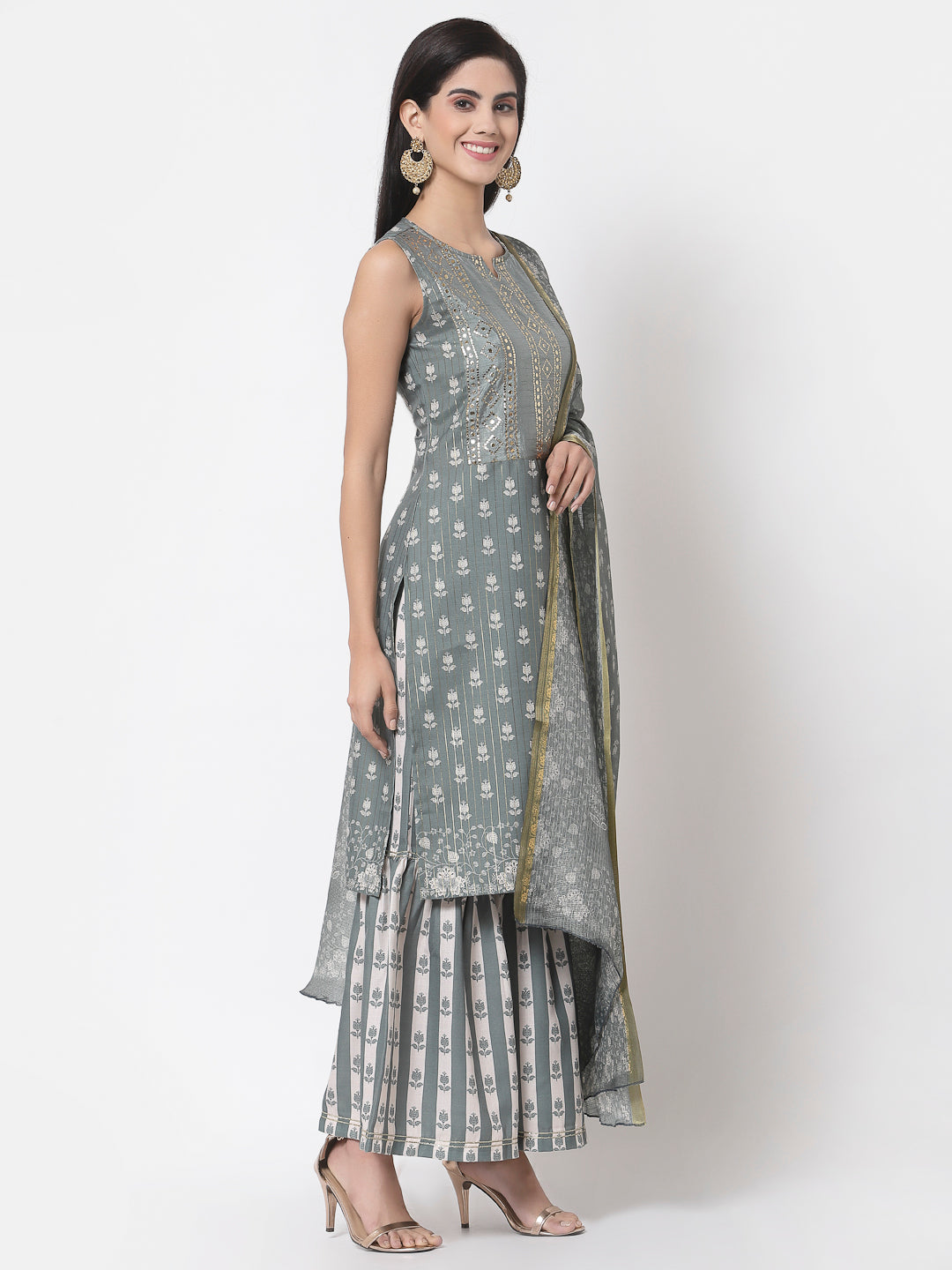 Women's Grey cotton blend Printed Sleeveless Round Neck Kurta with Sharara & Dupatta (3Pieces) set - Myshka