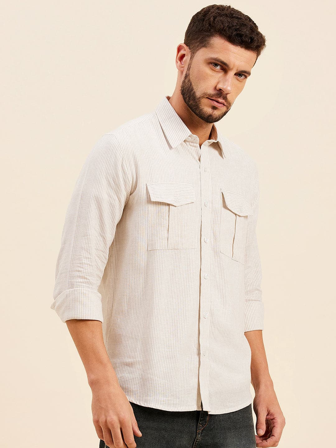 Men's Beige Pin Stripes Collar Shirt - LYUSH-MASCLN
