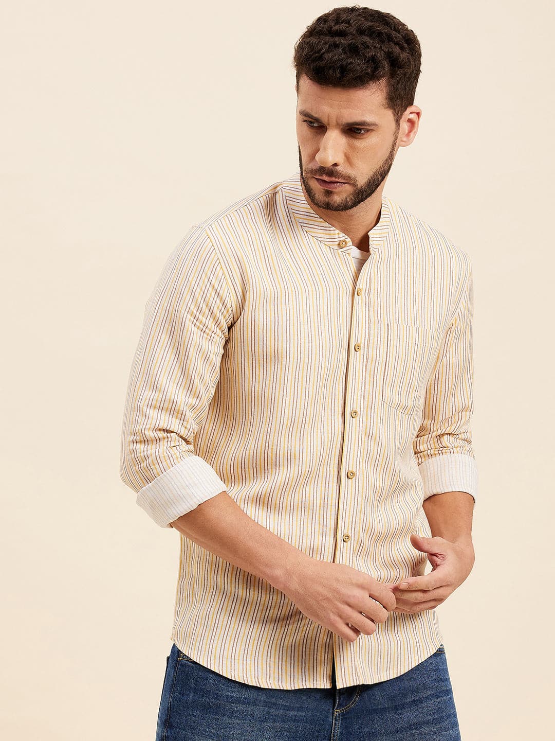 Men's Yellow Multi Stripes Mandarin Collar Shirt - LYUSH-MASCLN