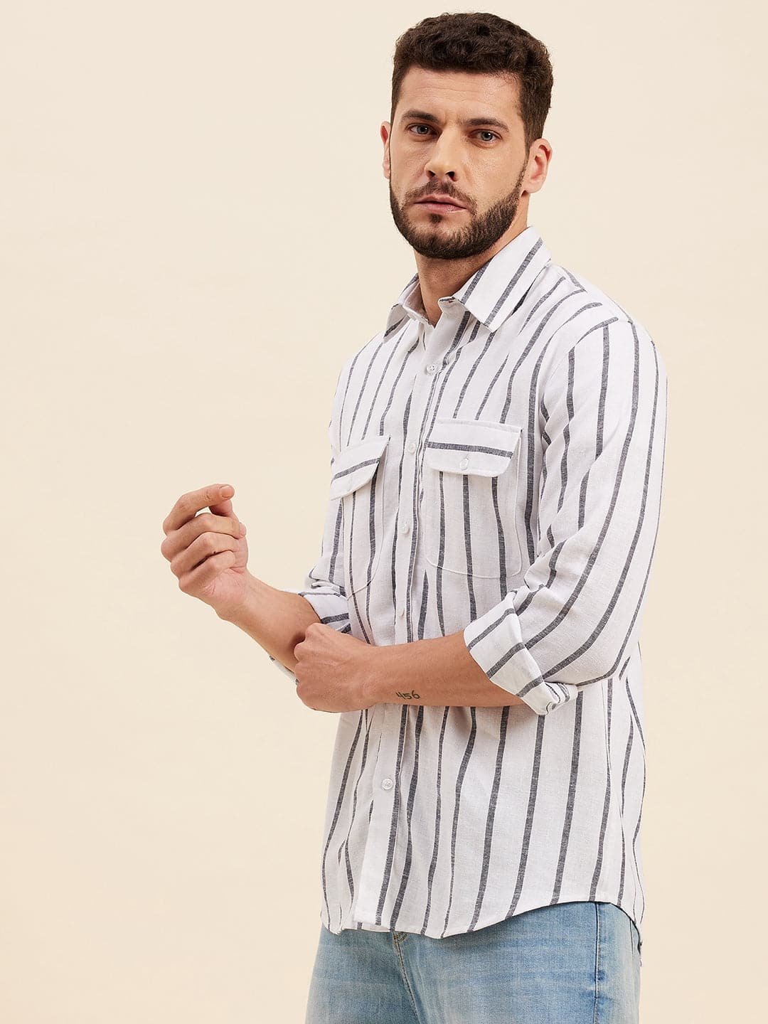 Men's White & Grey Breton Stripes Flap Pocket Shirt - LYUSH-MASCLN