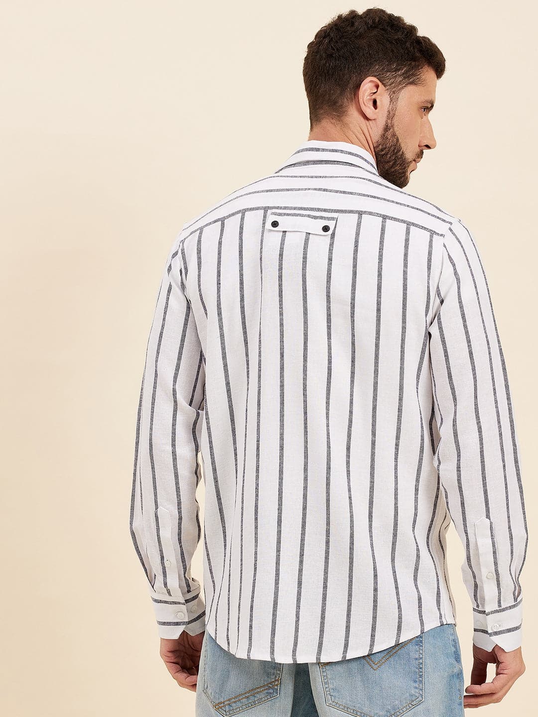 Men's White & Grey Breton Stripes Flap Pocket Shirt - LYUSH-MASCLN