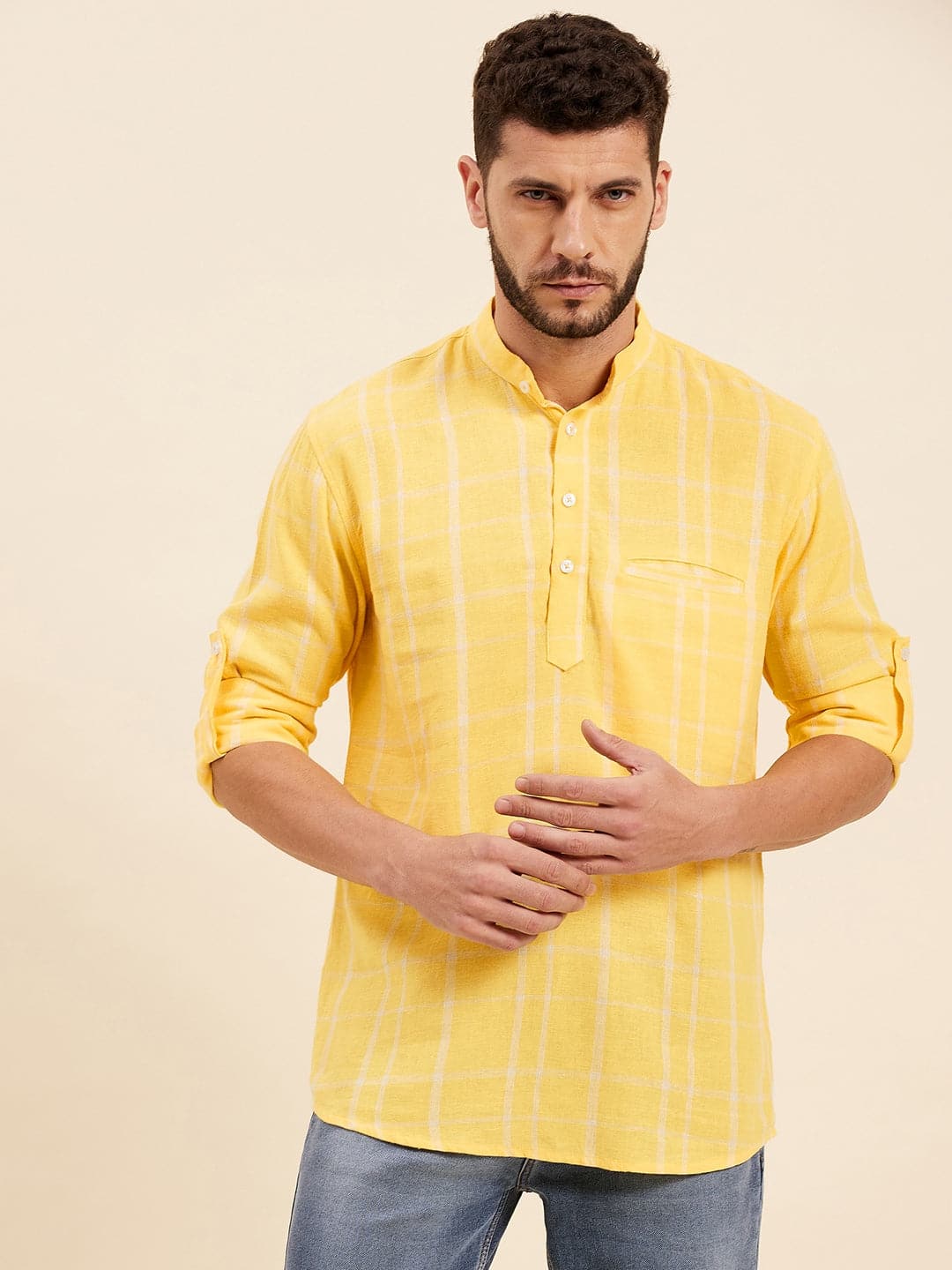 Men's Yellow & White Check Roll-Up Sleeves Kurta Shirt - LYUSH-MASCLN