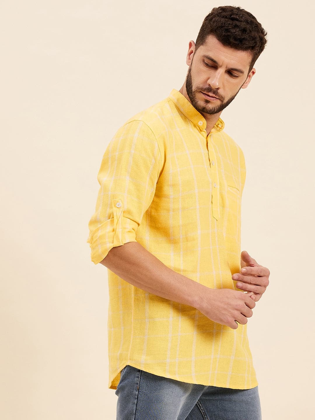 Men's Yellow & White Check Roll-Up Sleeves Kurta Shirt - LYUSH-MASCLN