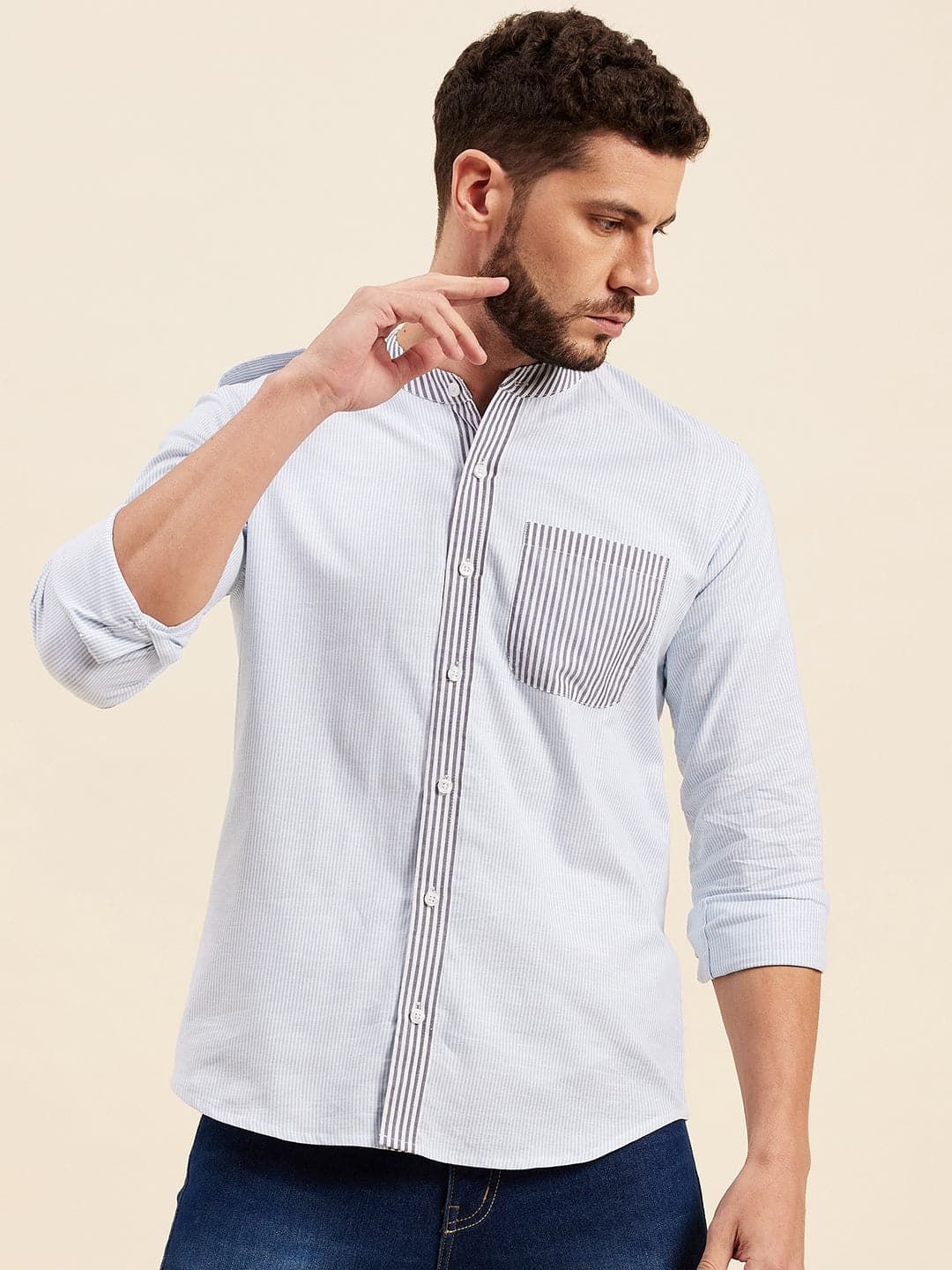 Men's Blue Pin Stripes Mandarin Collar Epaulet Shirt - LYUSH-MASCLN