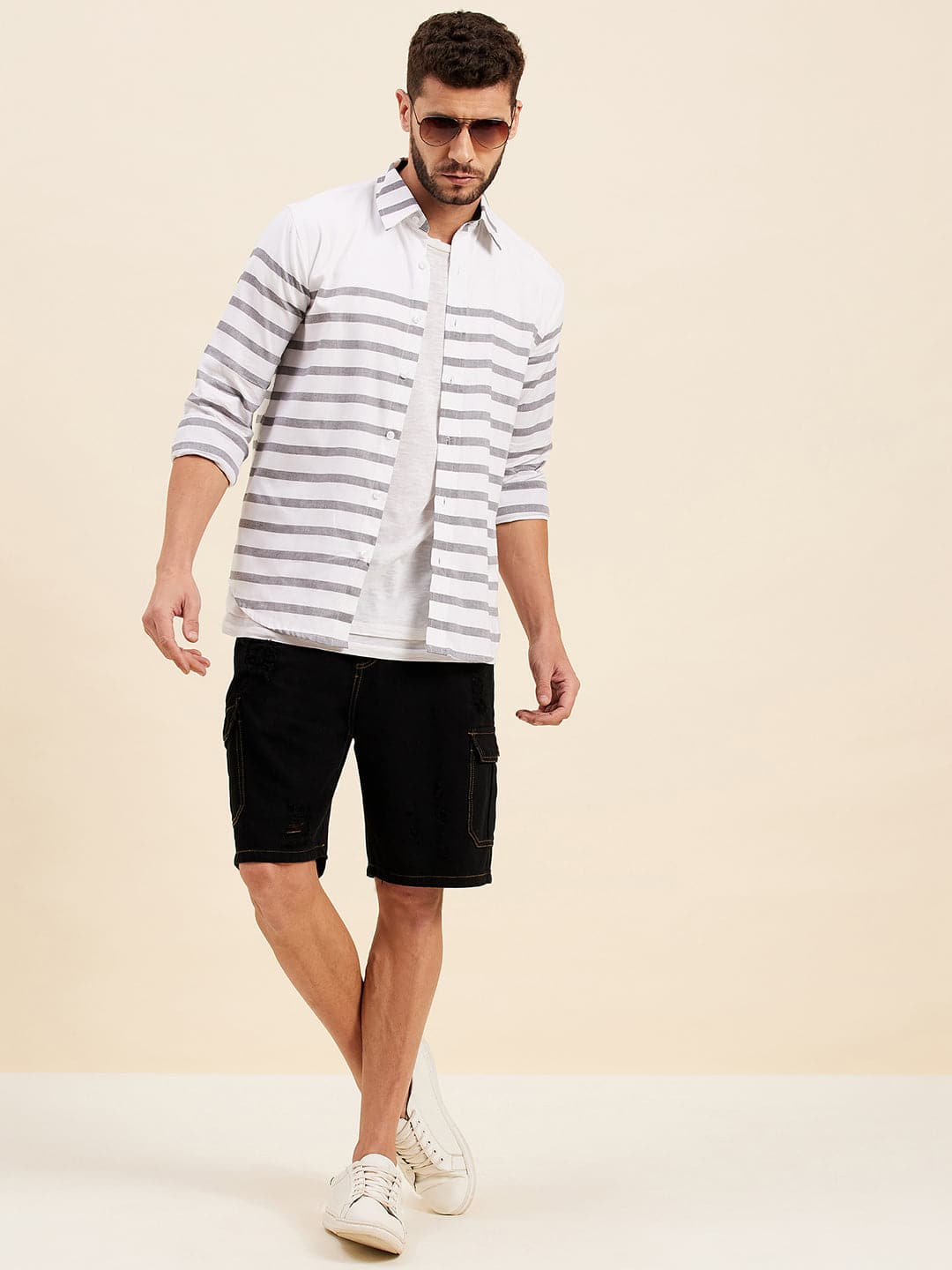 Men's White & Grey Breton Stripes Collar Shirt - LYUSH-MASCLN