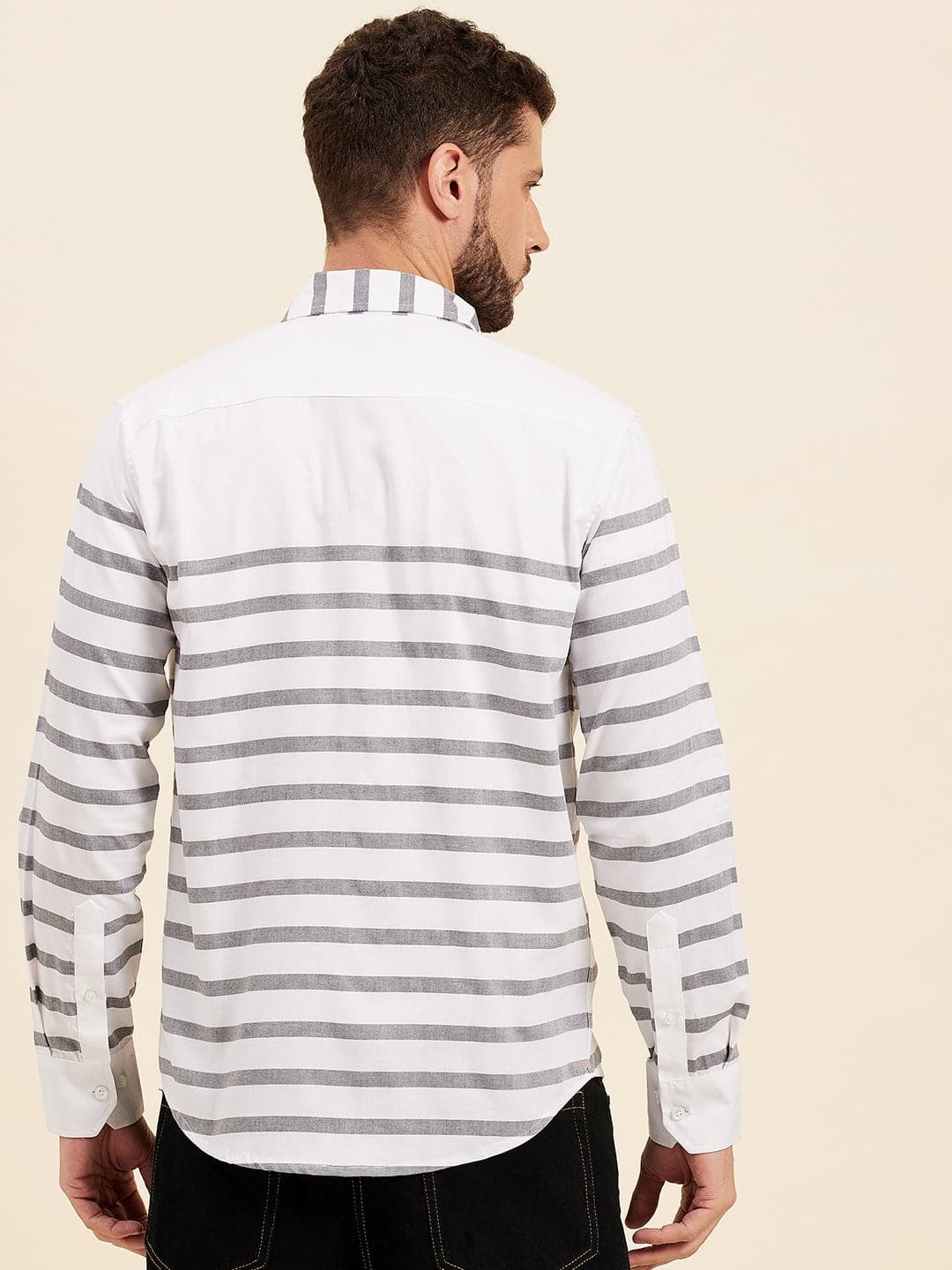 Men's White & Grey Breton Stripes Collar Shirt - LYUSH-MASCLN
