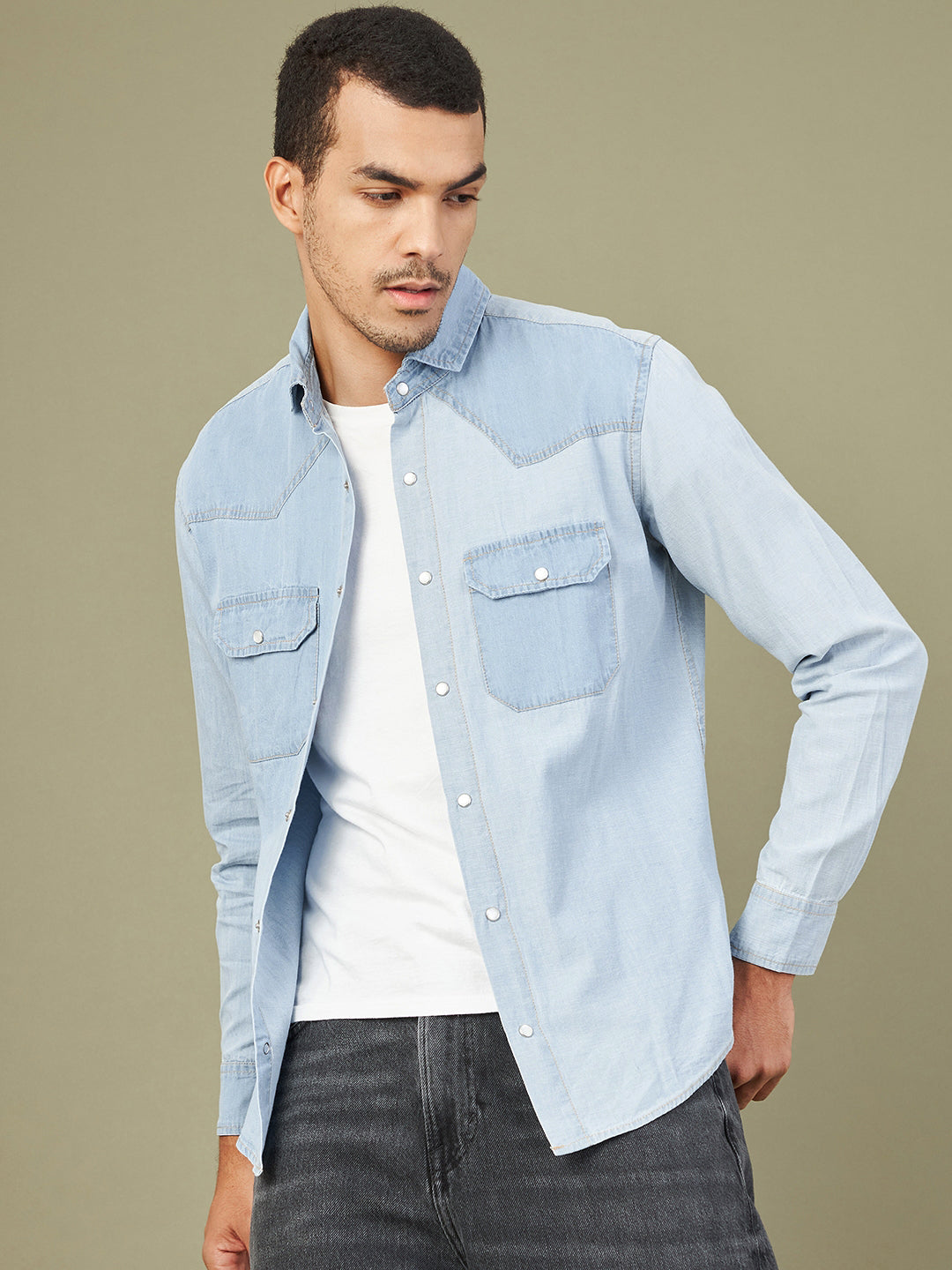 Men's Blue Tencel Color Block Regular Shirt - LYUSH-MASCLN