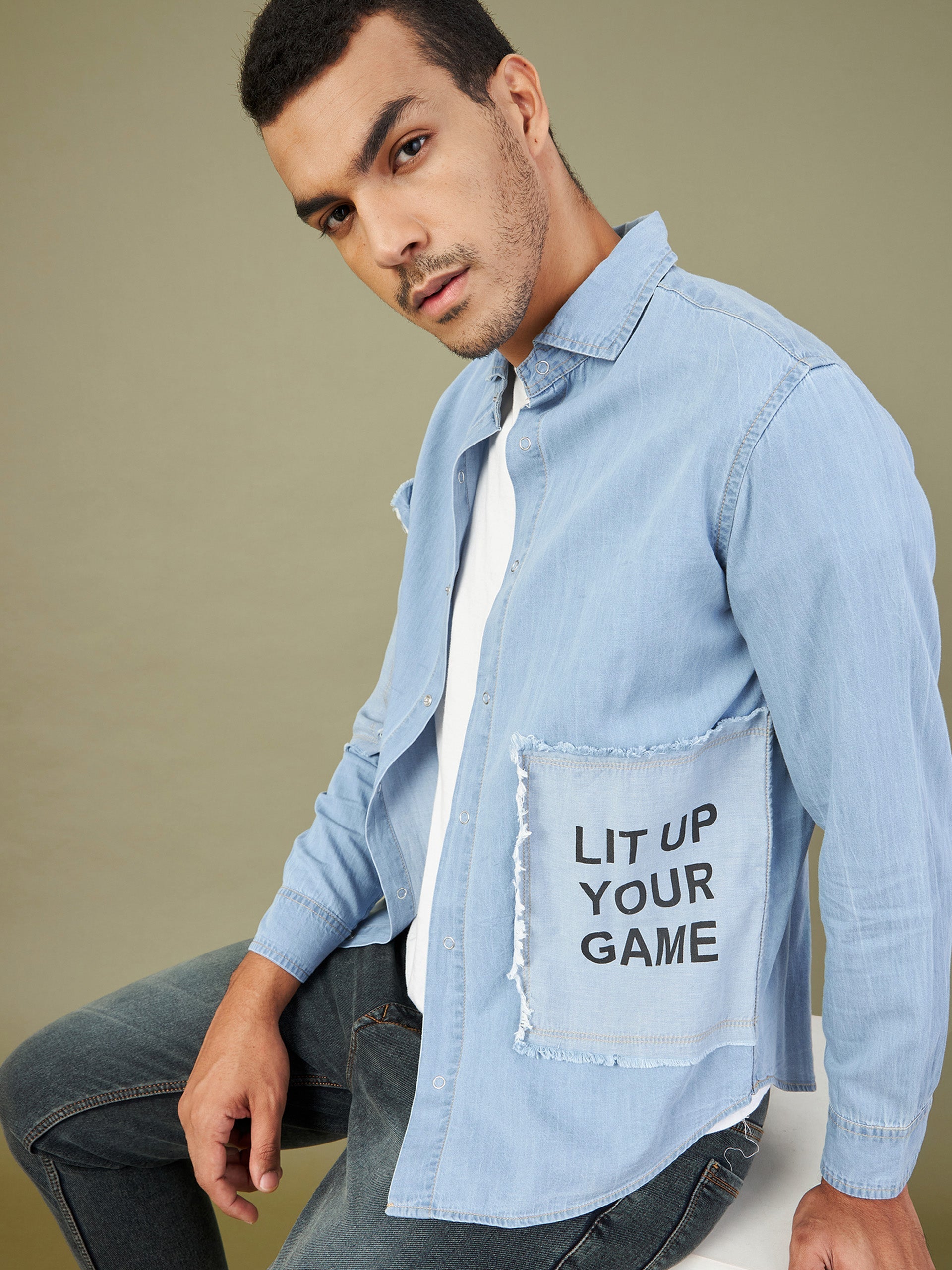 Men's Blue Tencel Print Patch Regular Shirt - LYUSH-MASCLN