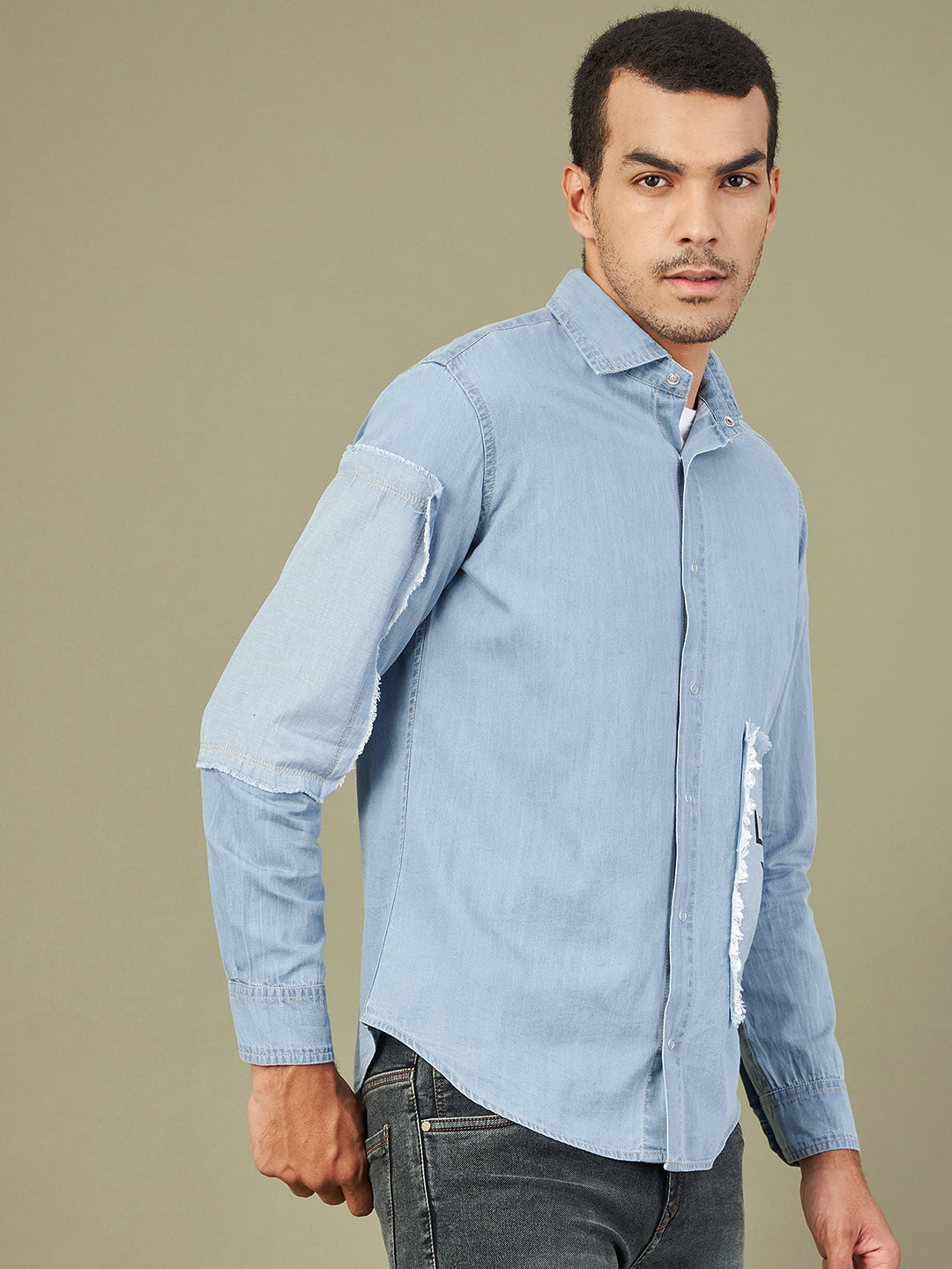 Men's Blue Tencel Print Patch Regular Shirt - LYUSH-MASCLN