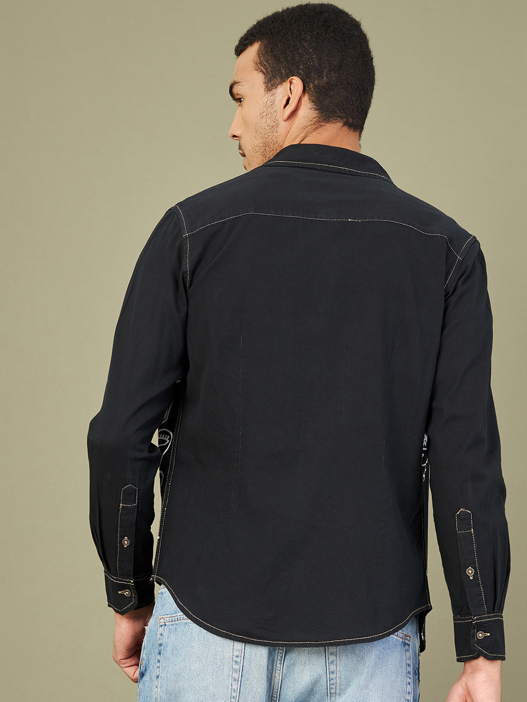 Men's Black Tencel Seam Print Regular Shirt - LYUSH-MASCLN