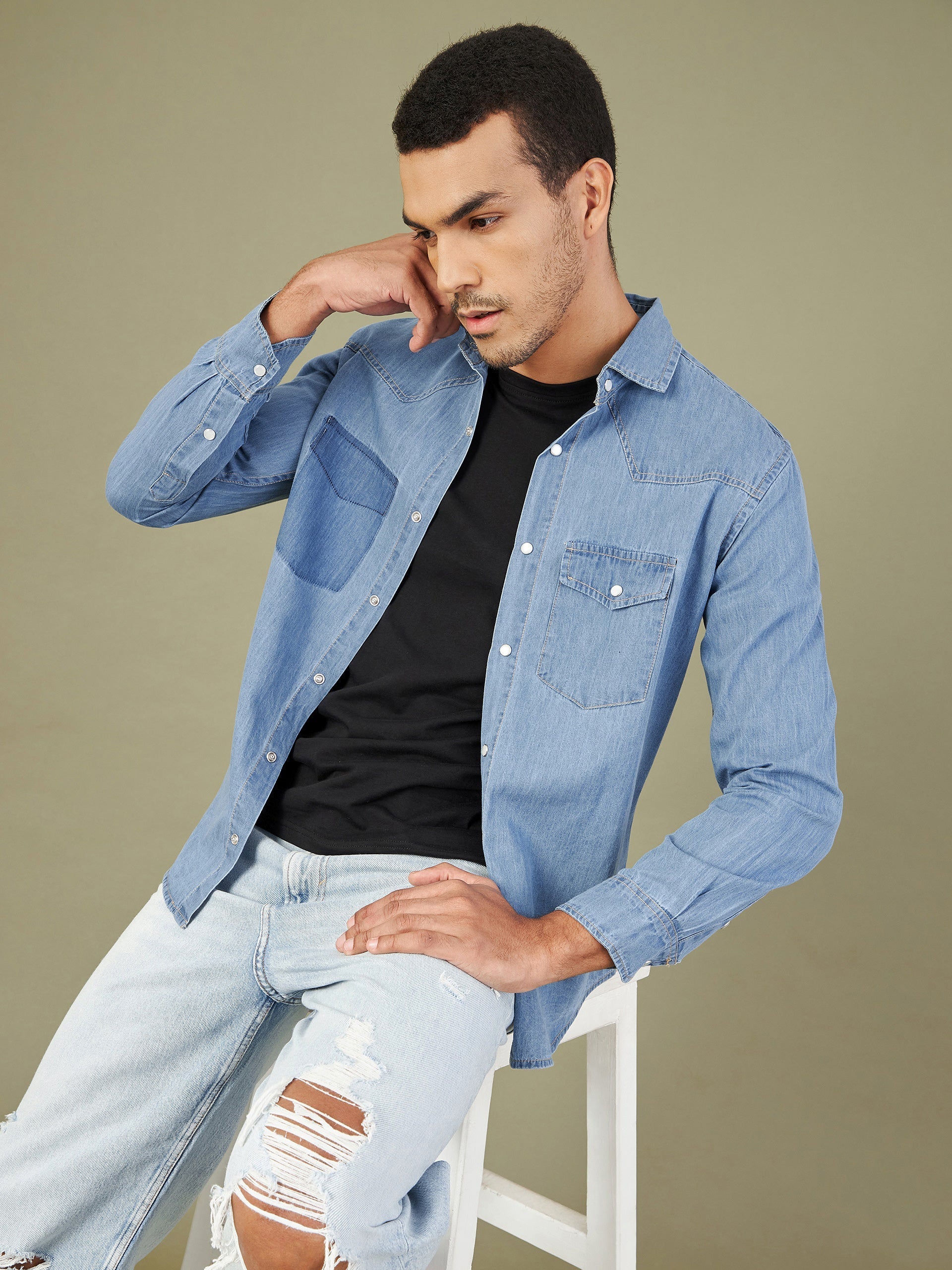 Men's Blue Tencel Flap Pocket Regular Shirt - LYUSH-MASCLN