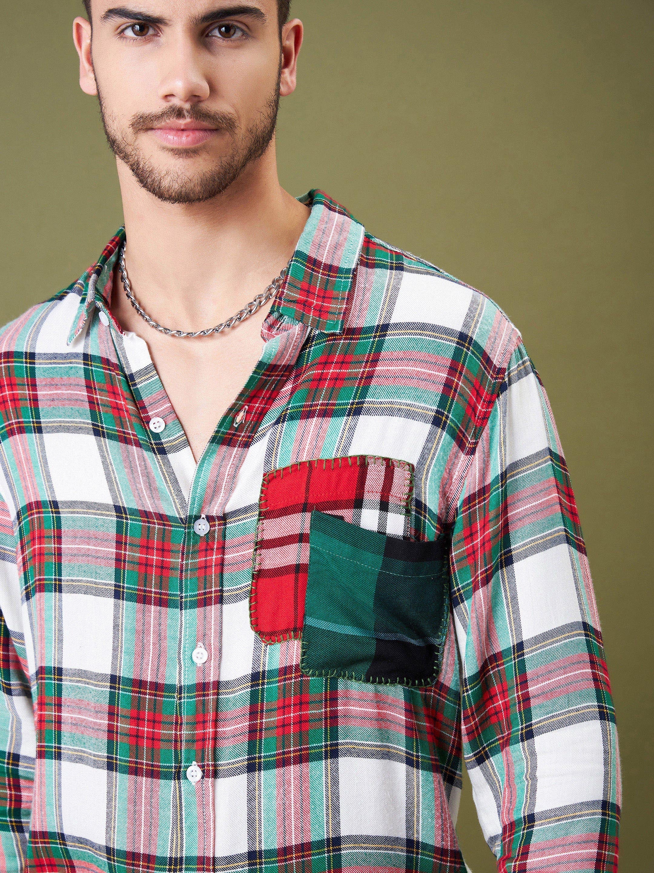 Unisex White & Red Check Pocket Detail Oversized Shirt - MASCLN SASSAFRAS