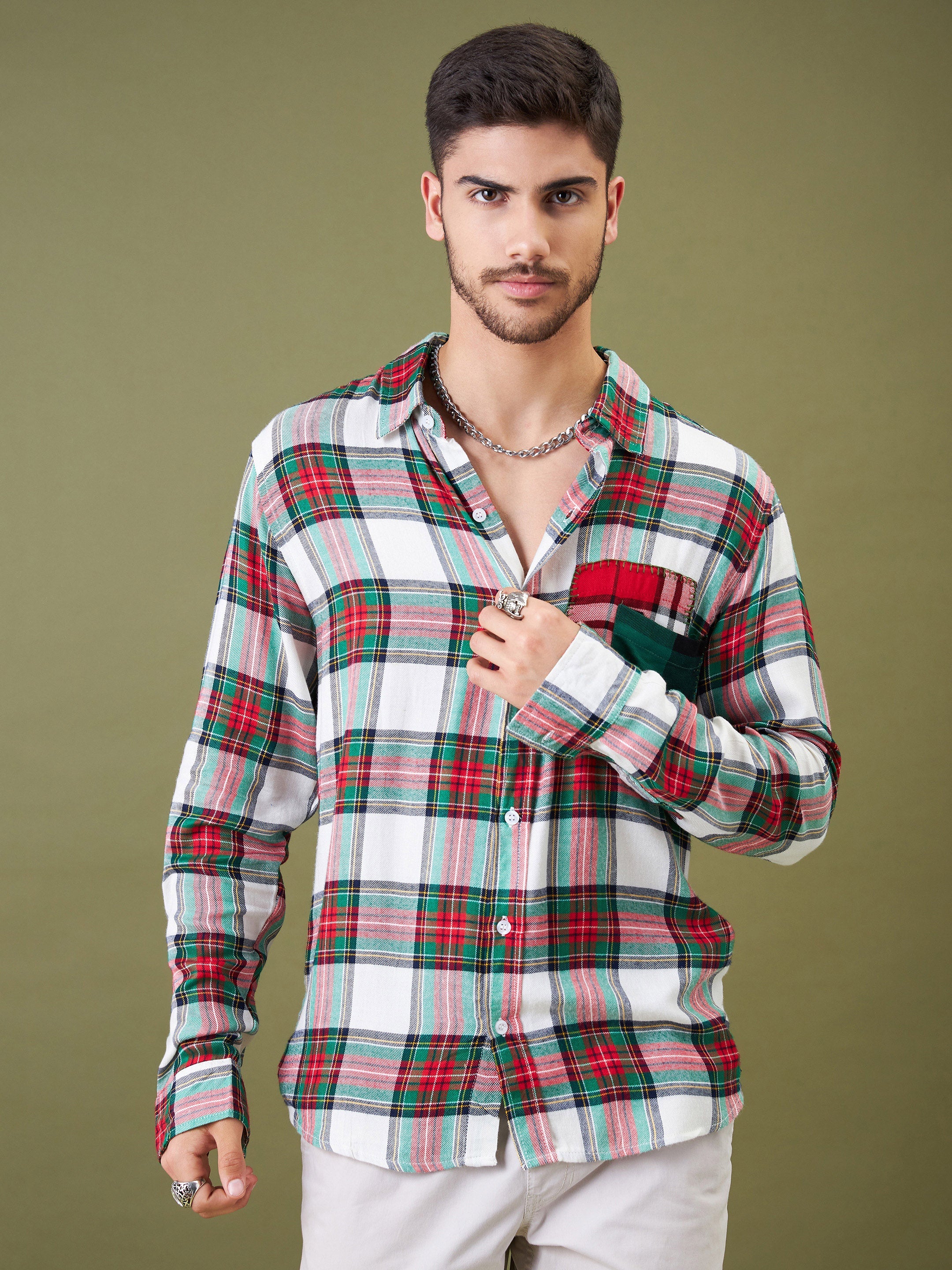 Unisex White & Red Check Pocket Detail Oversized Shirt - MASCLN SASSAFRAS