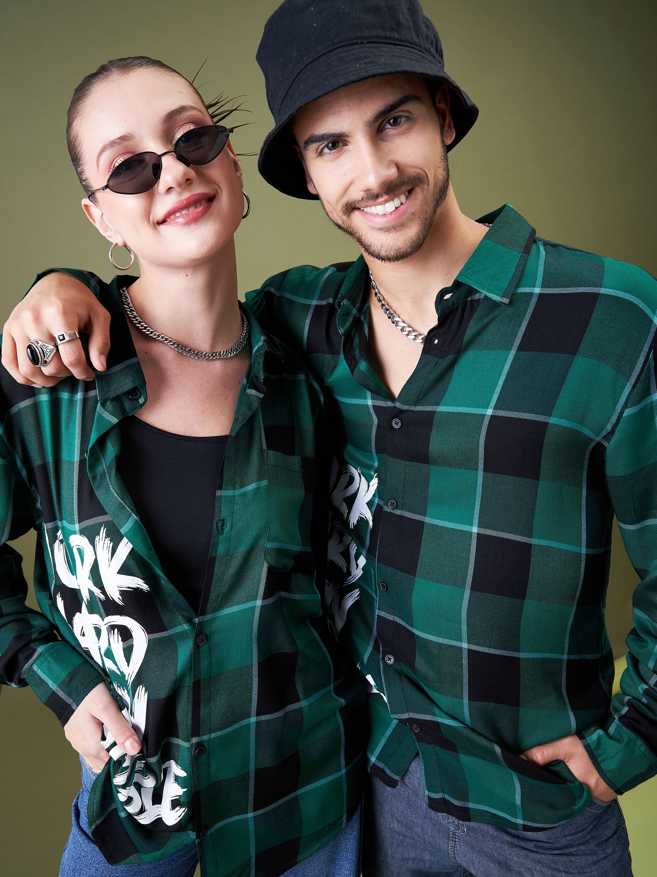 Unisex Green & Black Check WORK HARD Oversized Shirt - MASCLN SASSAFRAS
