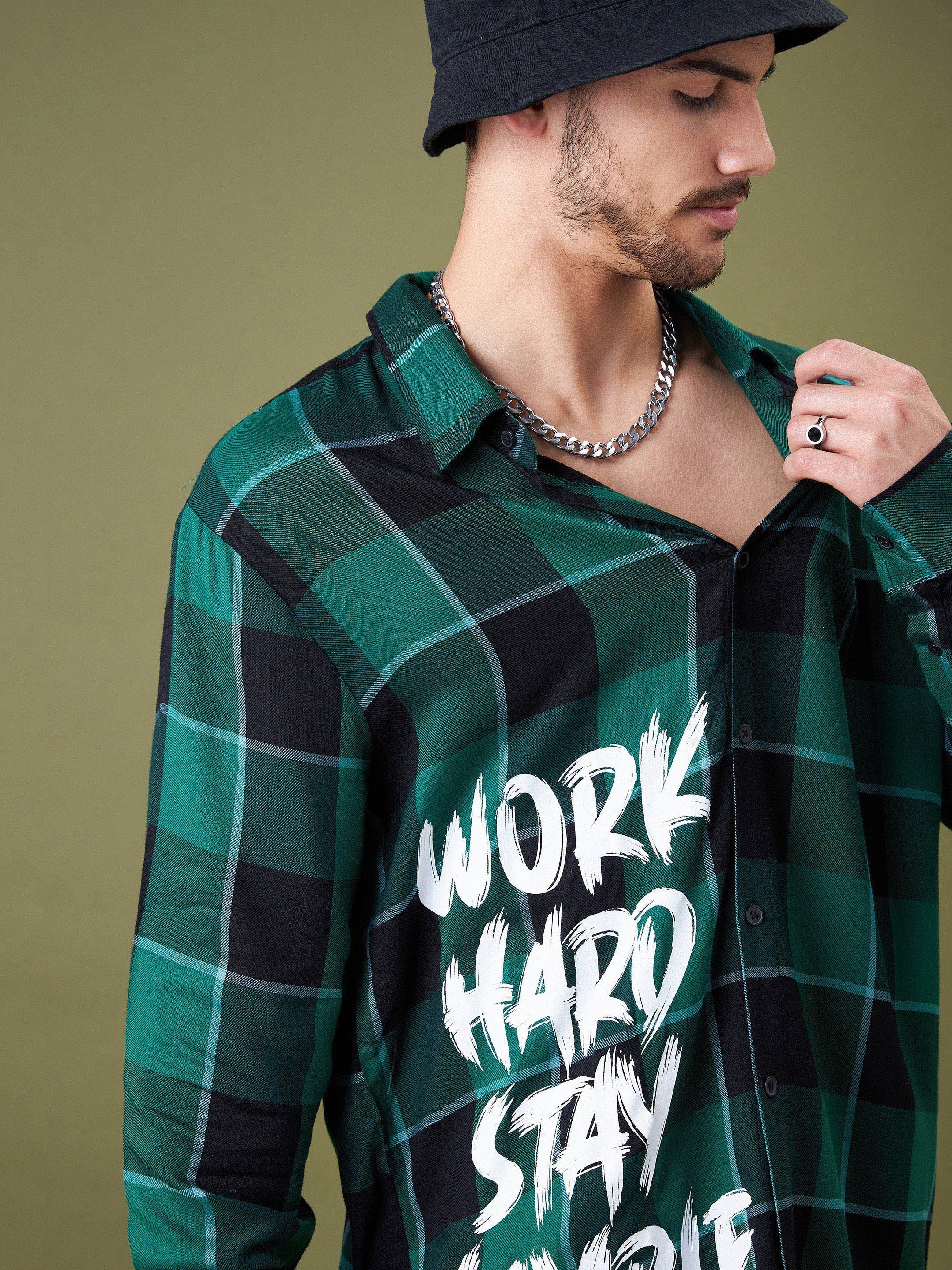 Unisex Green & Black Check WORK HARD Oversized Shirt - MASCLN SASSAFRAS