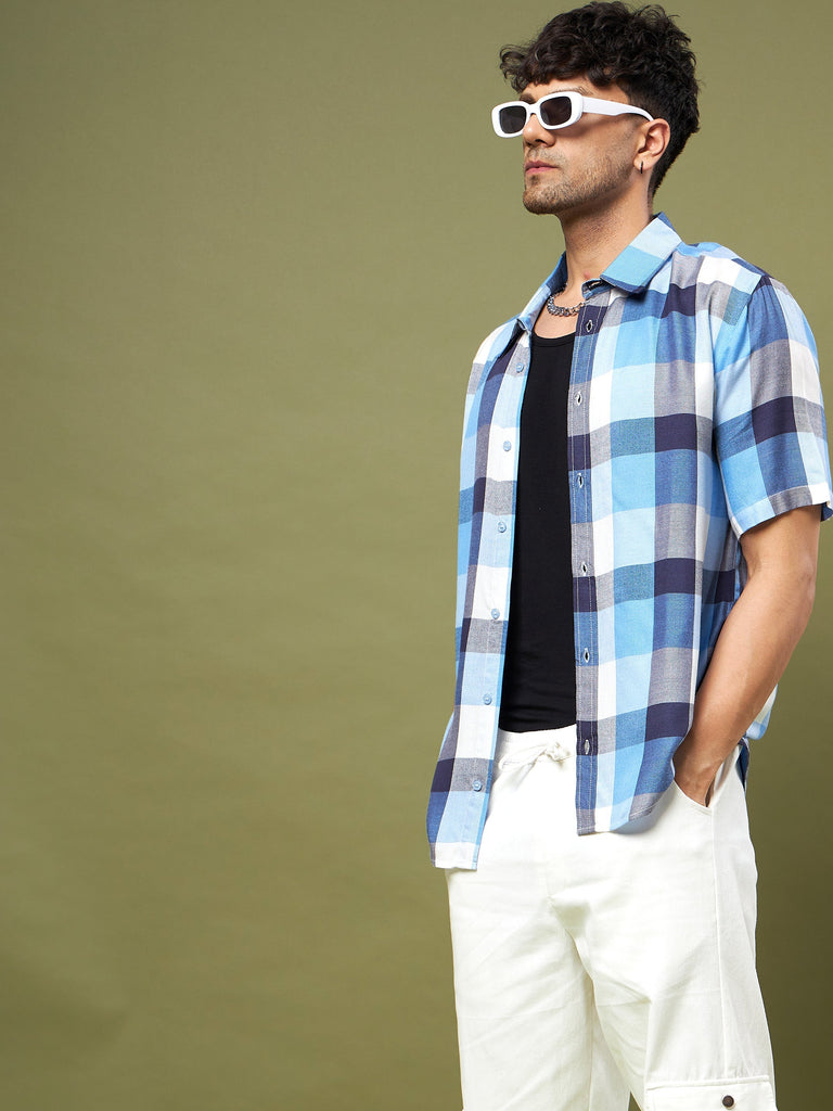 Men's Blue & Navy Check Half Sleeve Relax Fit Shirt