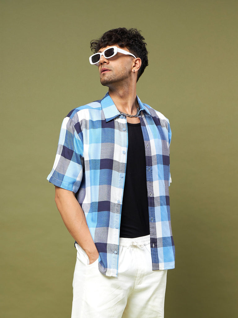 Men's Blue & Navy Check Half Sleeve Relax Fit Shirt