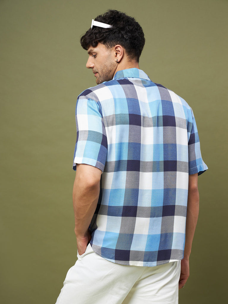 Men's Blue & Navy Check Half Sleeve Relax Fit Shirt
