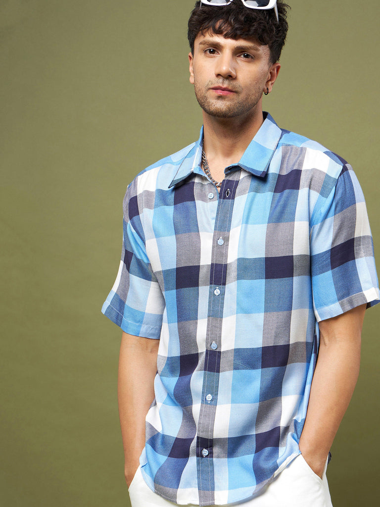 Men's Blue & Navy Check Half Sleeve Relax Fit Shirt