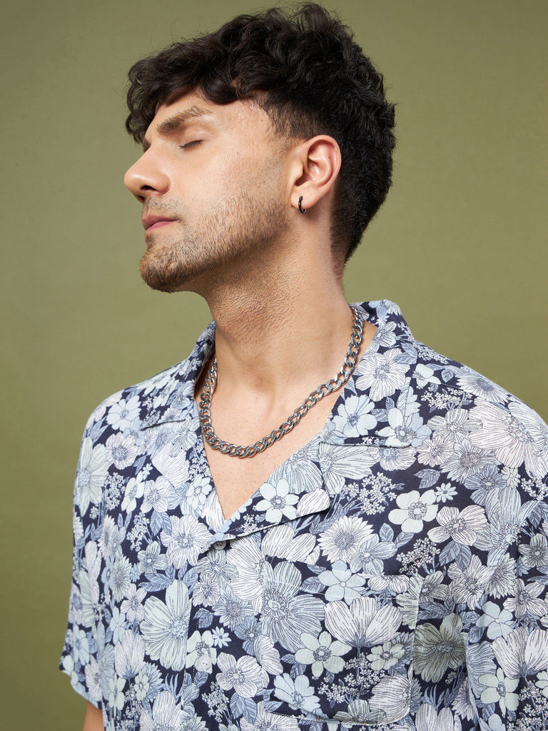 Unisex White & Blue Floral Print Relax Fit Shirt