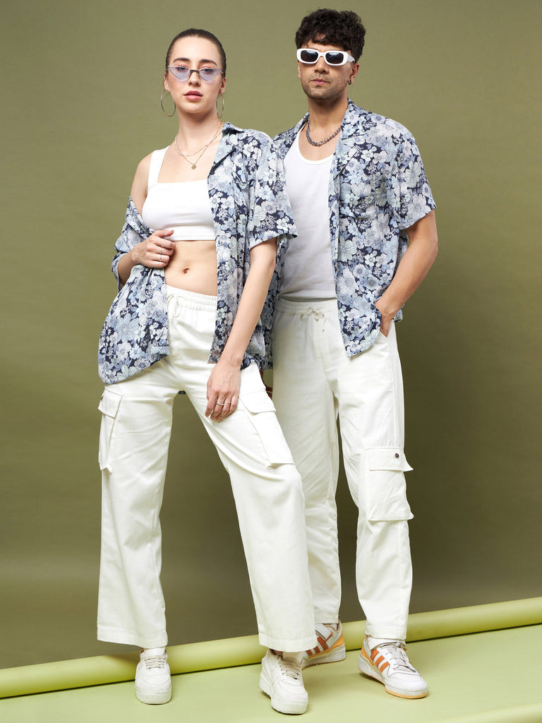 Unisex White & Blue Floral Print Relax Fit Shirt