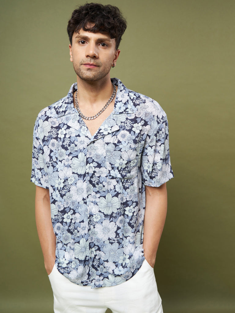 Unisex White & Blue Floral Print Relax Fit Shirt