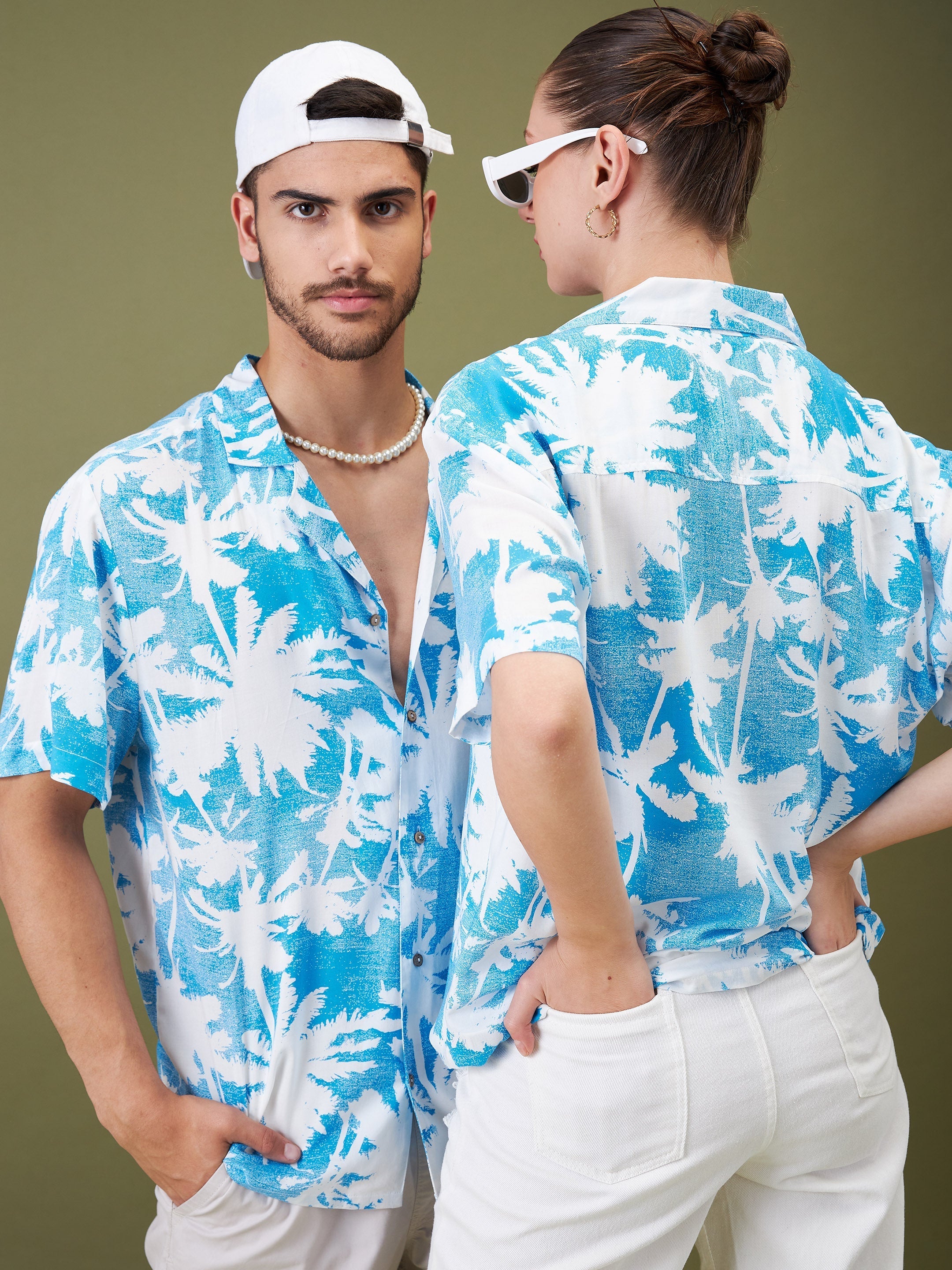 Unisex Blue & White Tropical Floral Relax Fit Shirt - MASCLN SASSAFRAS