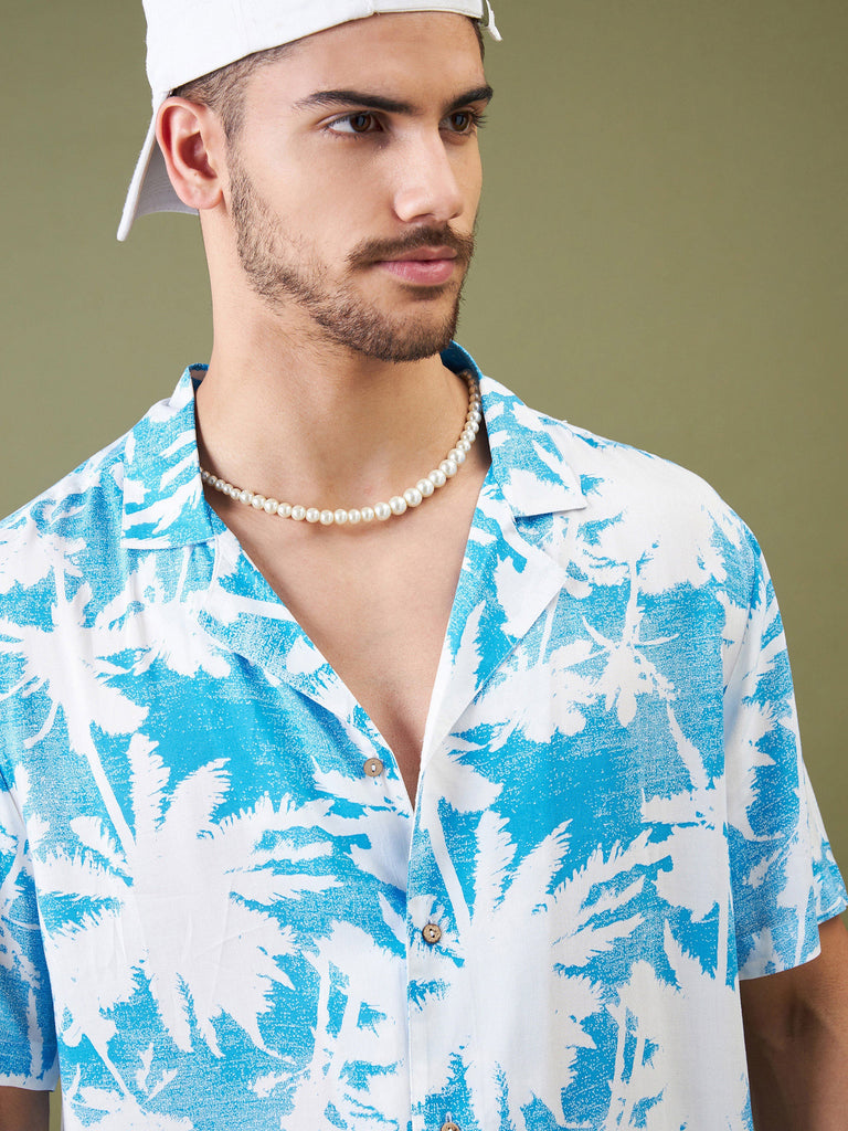 Unisex Blue & White Tropical Floral Relax Fit Shirt