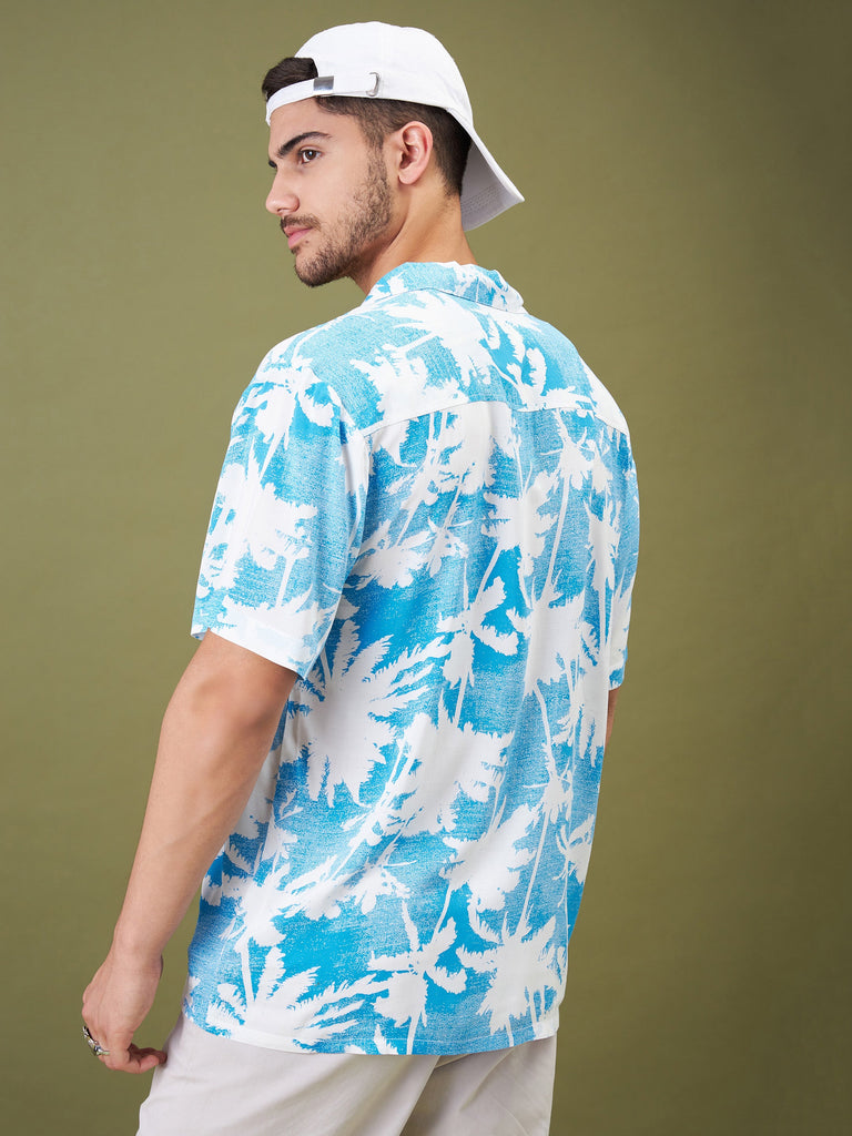 Unisex Blue & White Tropical Floral Relax Fit Shirt