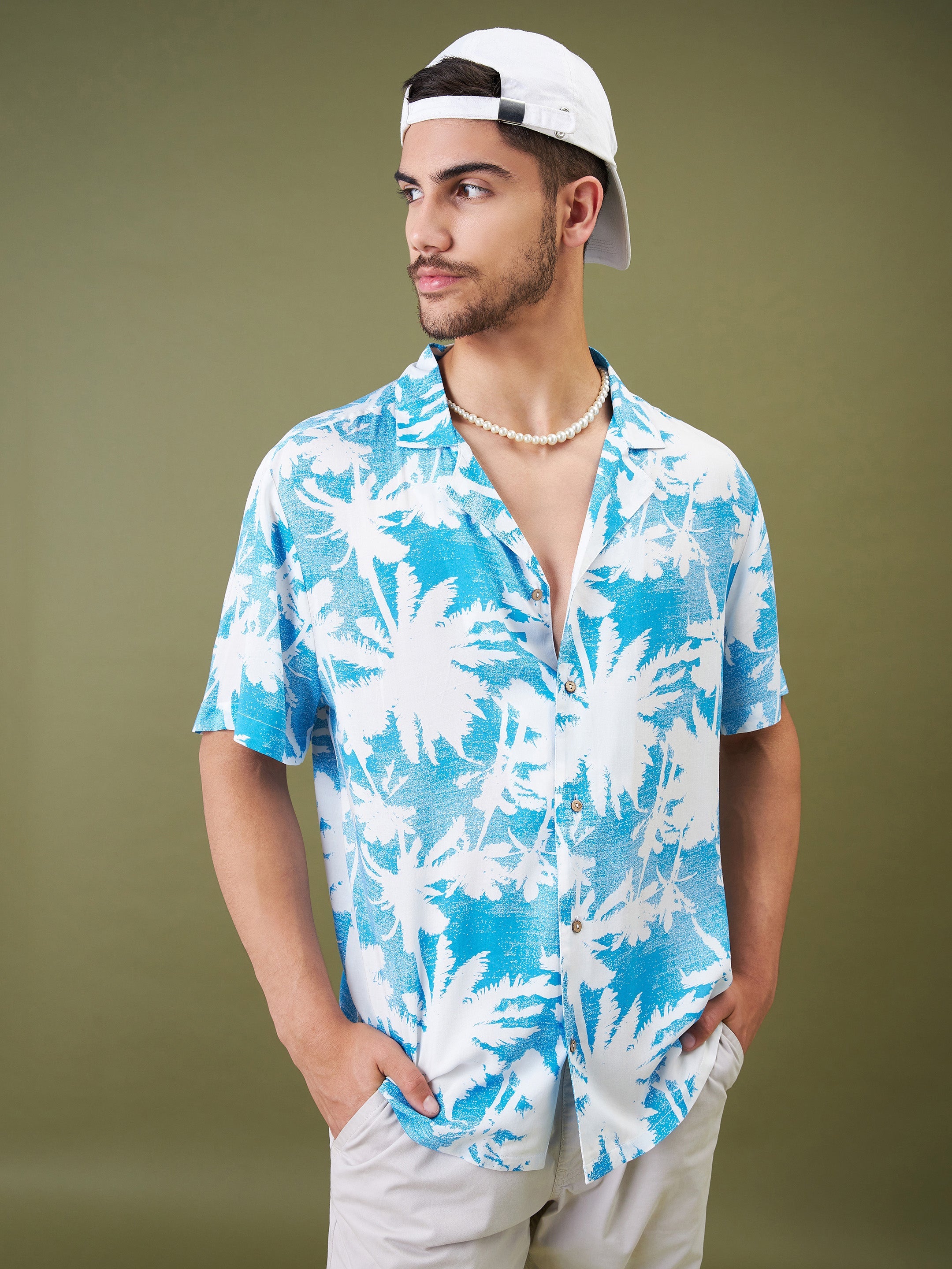 Unisex Blue & White Tropical Floral Relax Fit Shirt - MASCLN SASSAFRAS