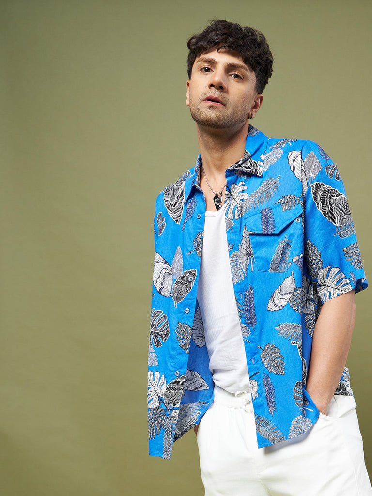 Men's Blue & Black Tropical Print Oversized Shirt