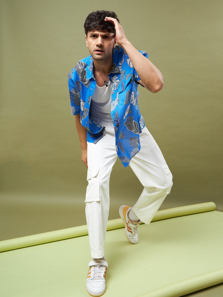 Men's Blue & Black Tropical Print Oversized Shirt