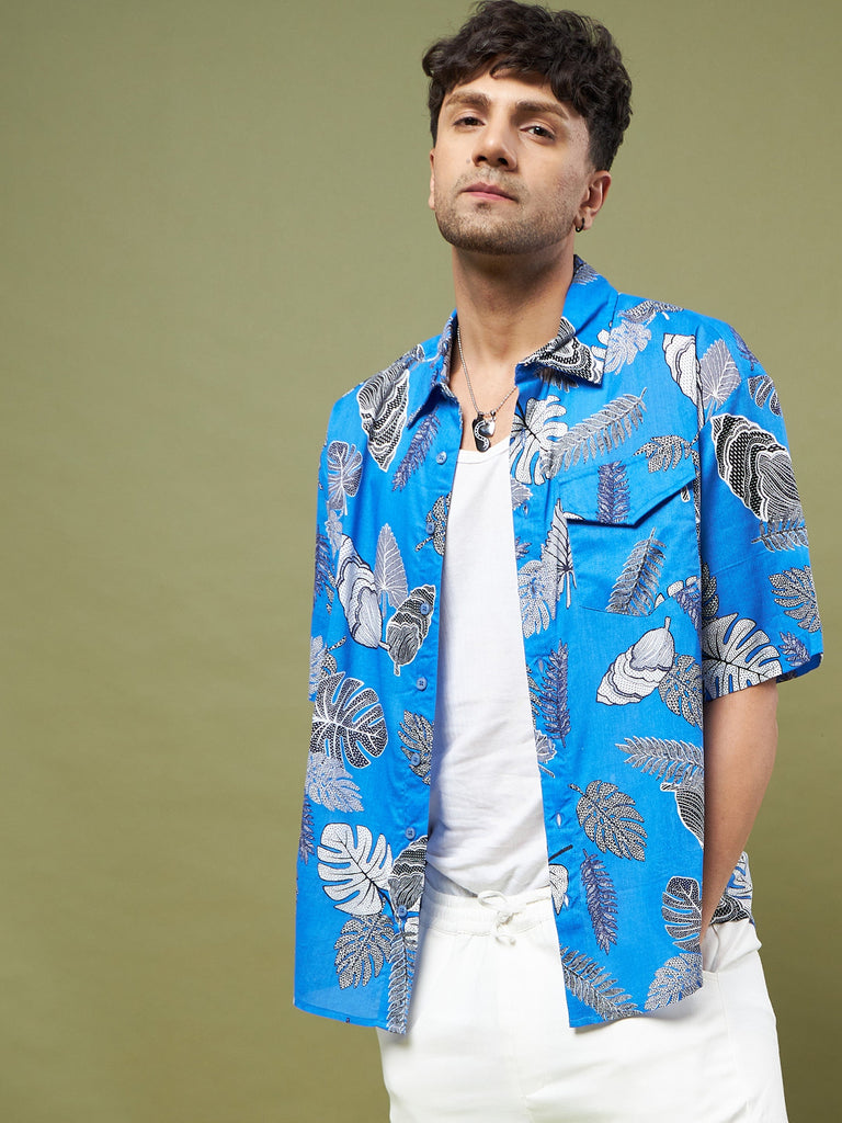 Men's Blue & Black Tropical Print Oversized Shirt